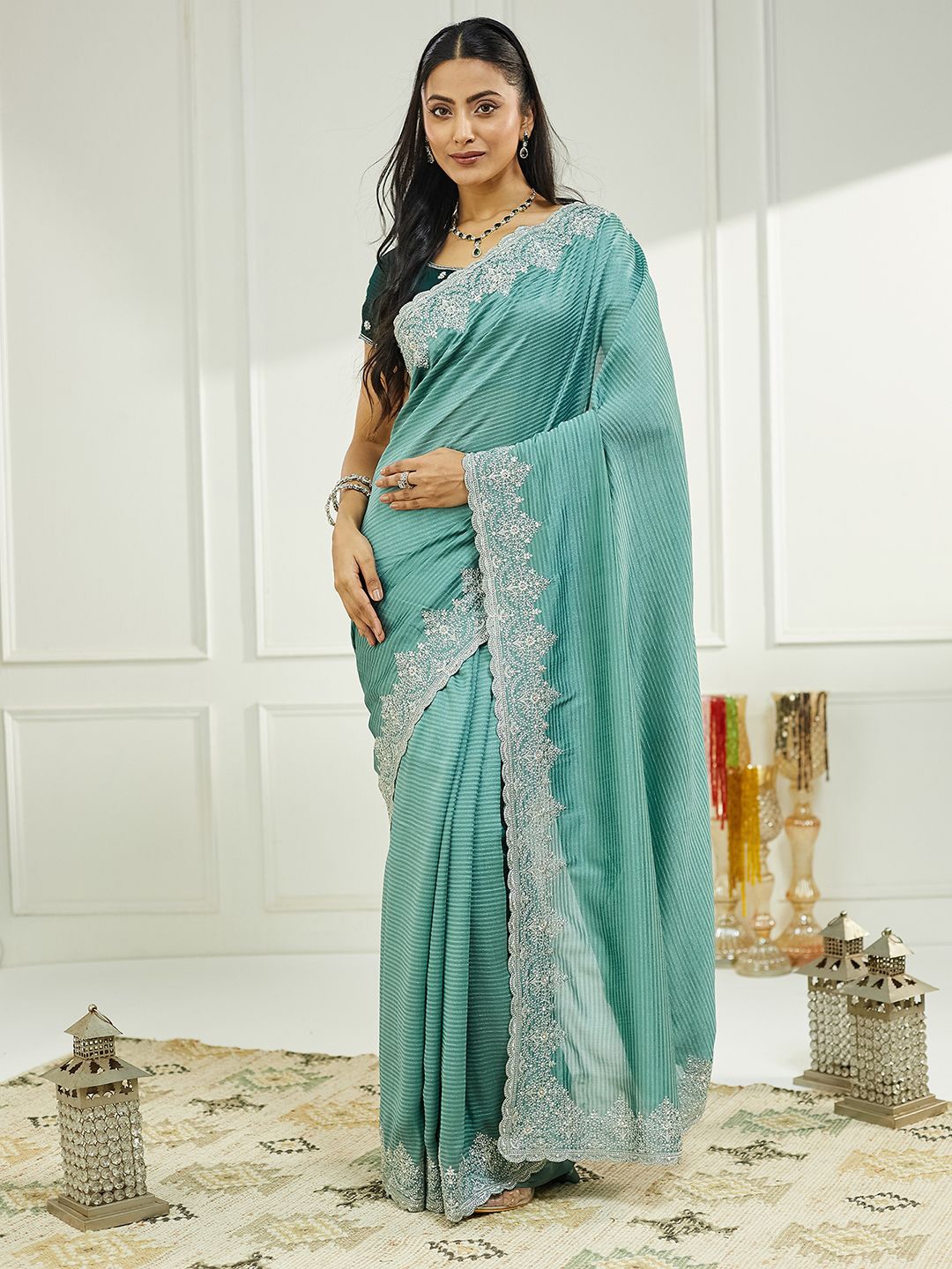 

Satrani Embellished Sequinned Saree, Green