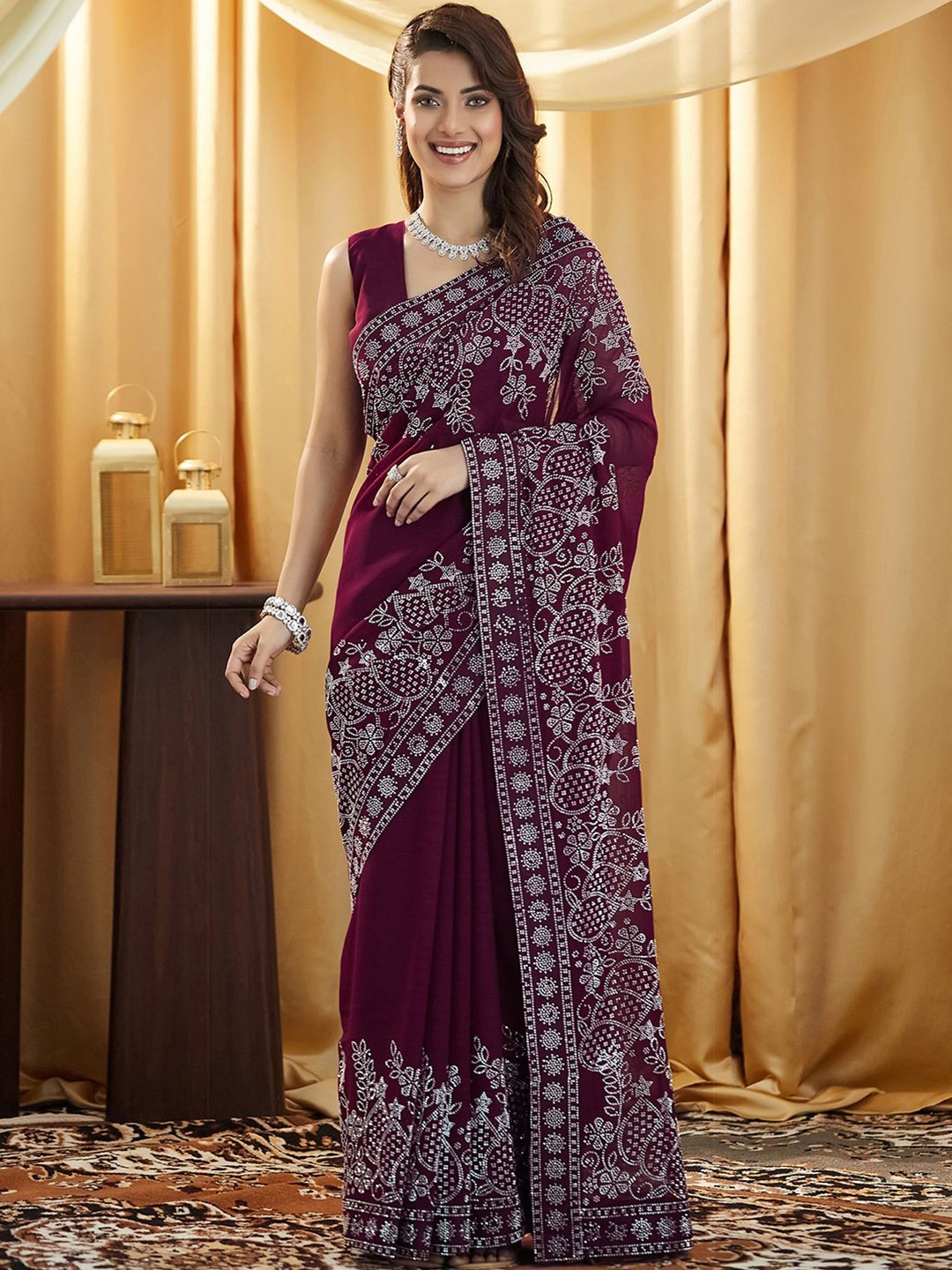 Satrani Women Embellished Beads and Stones Pure Georgette Saree, Purple
