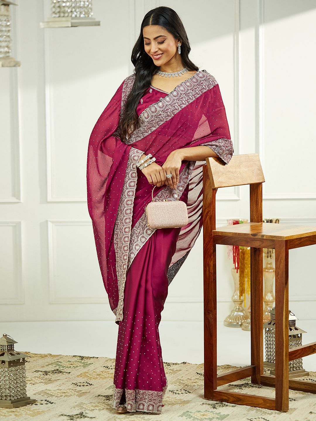 

Satrani Embellished Stone Work Pure Georgette Designer Saree, Pink