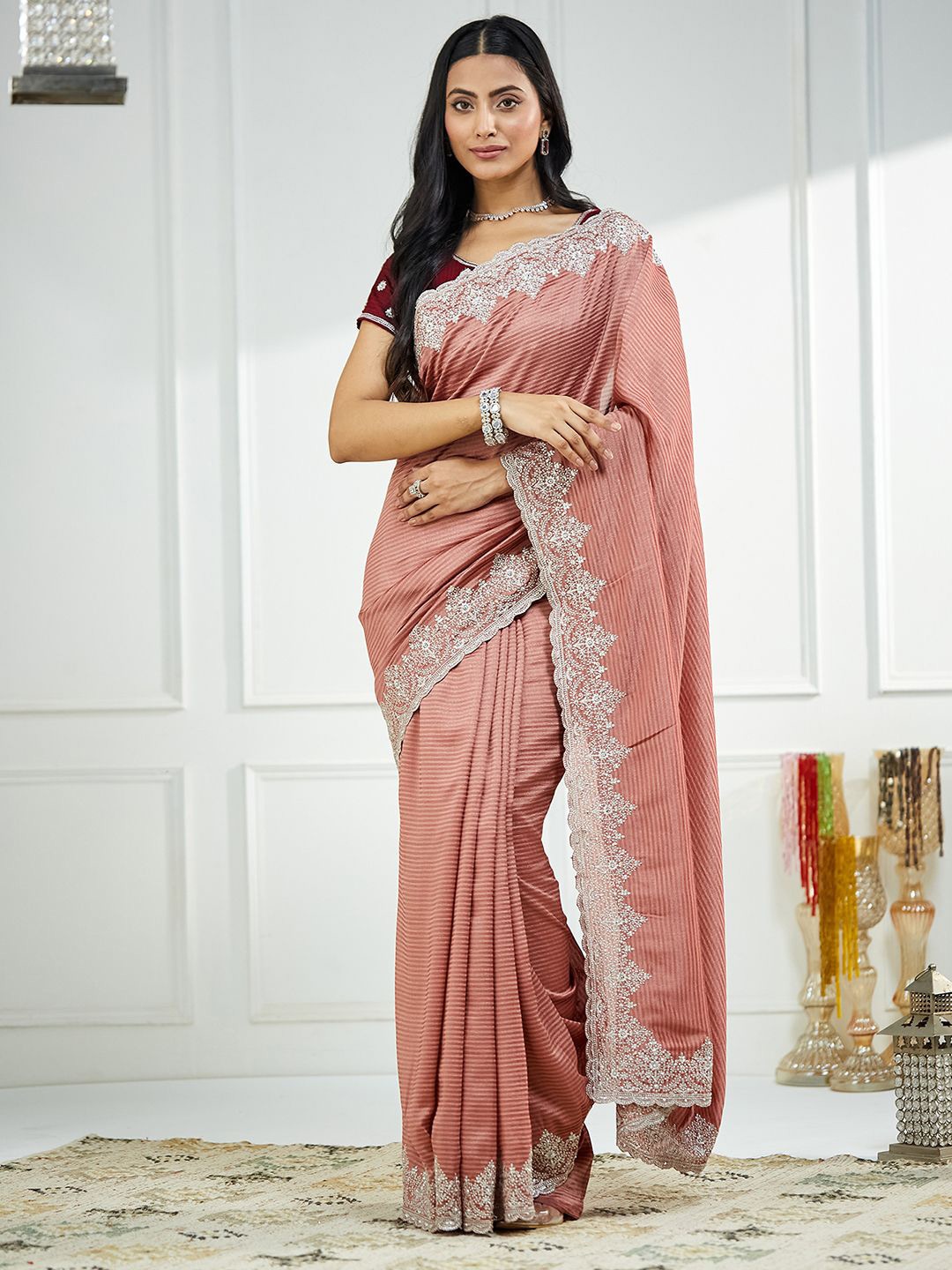 

Satrani Striped Embroidered Saree, Peach