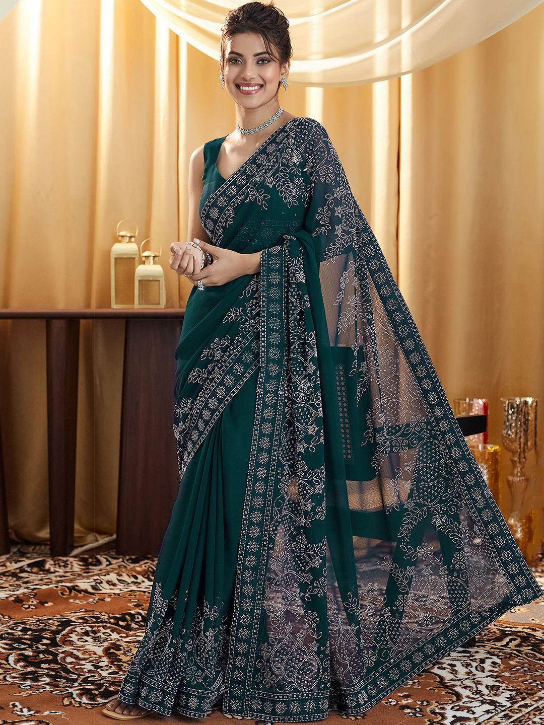 

Satrani Embellished Beads and Stones Pure Georgette Saree, Green