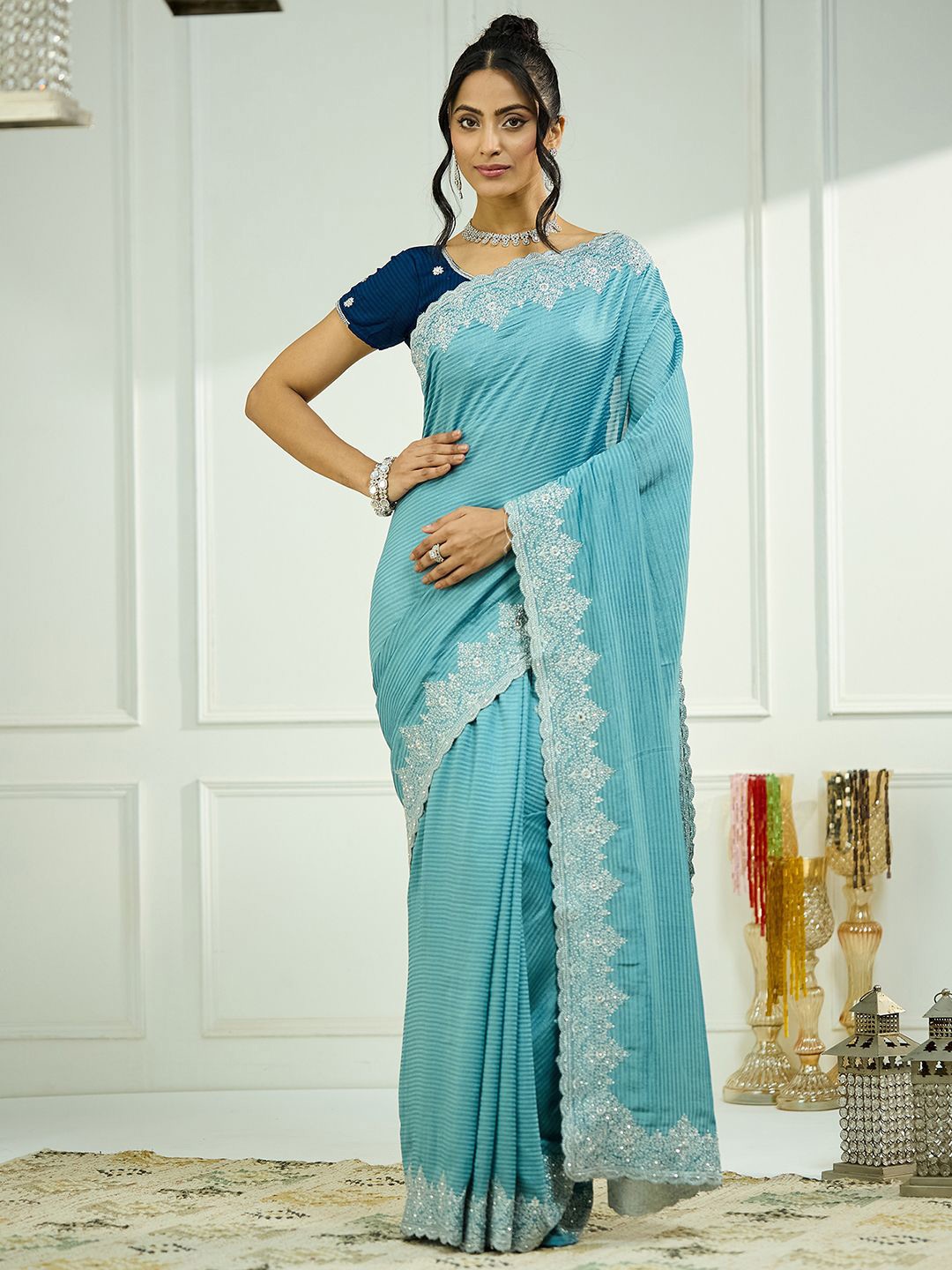 

Satrani Women Stone Work Saree, Blue