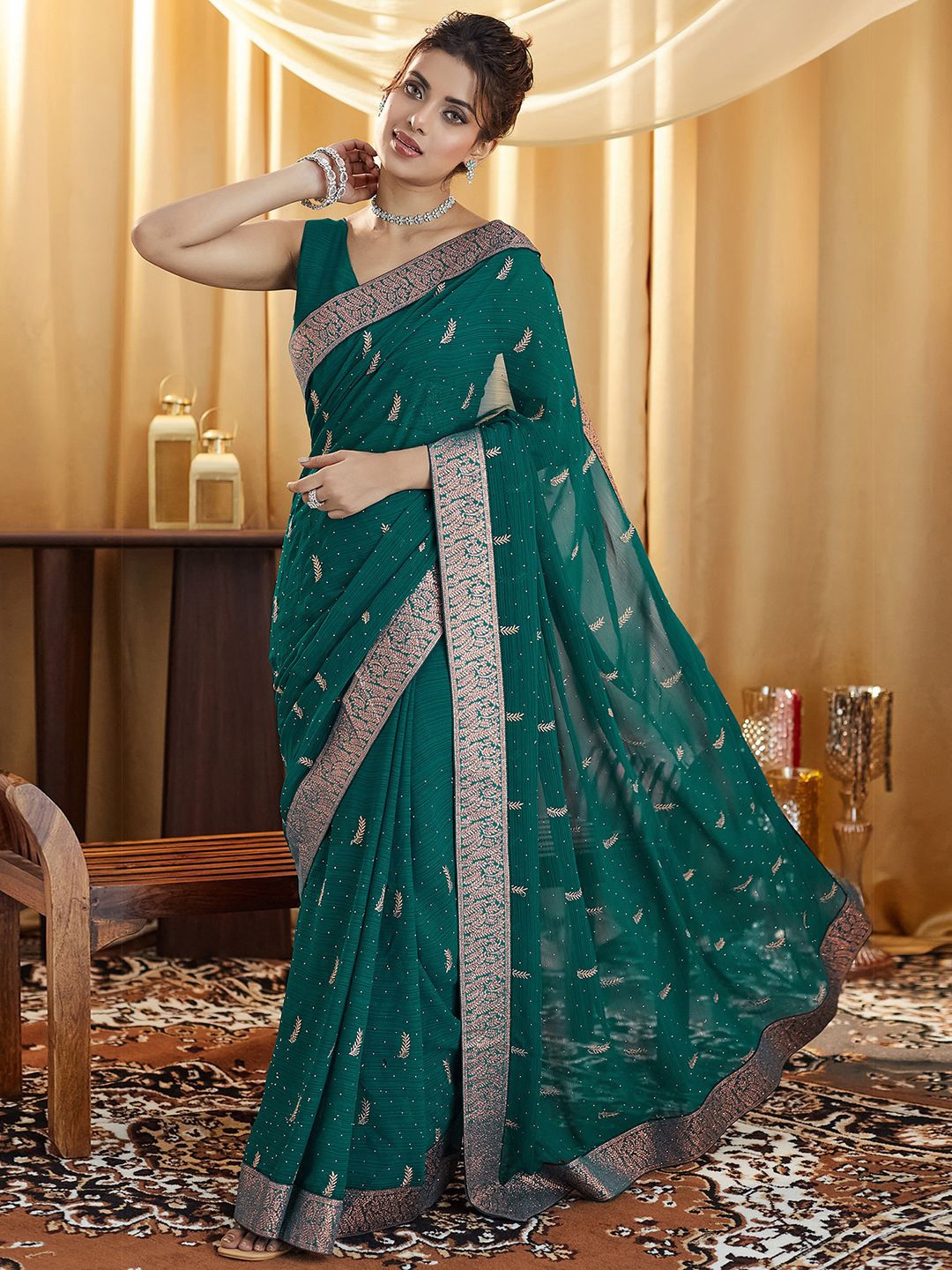 Satrani Women Pure Georgette Stonework Saree, Green