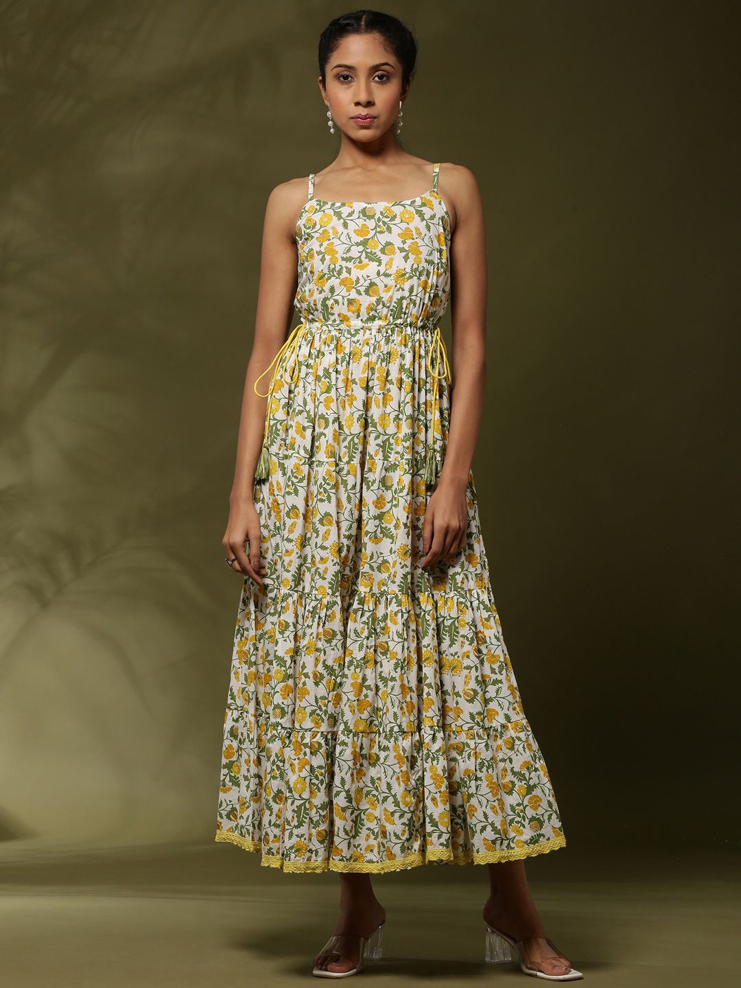 

Abhishti Floral Printed Tier dress With Tassels Dress, Off white