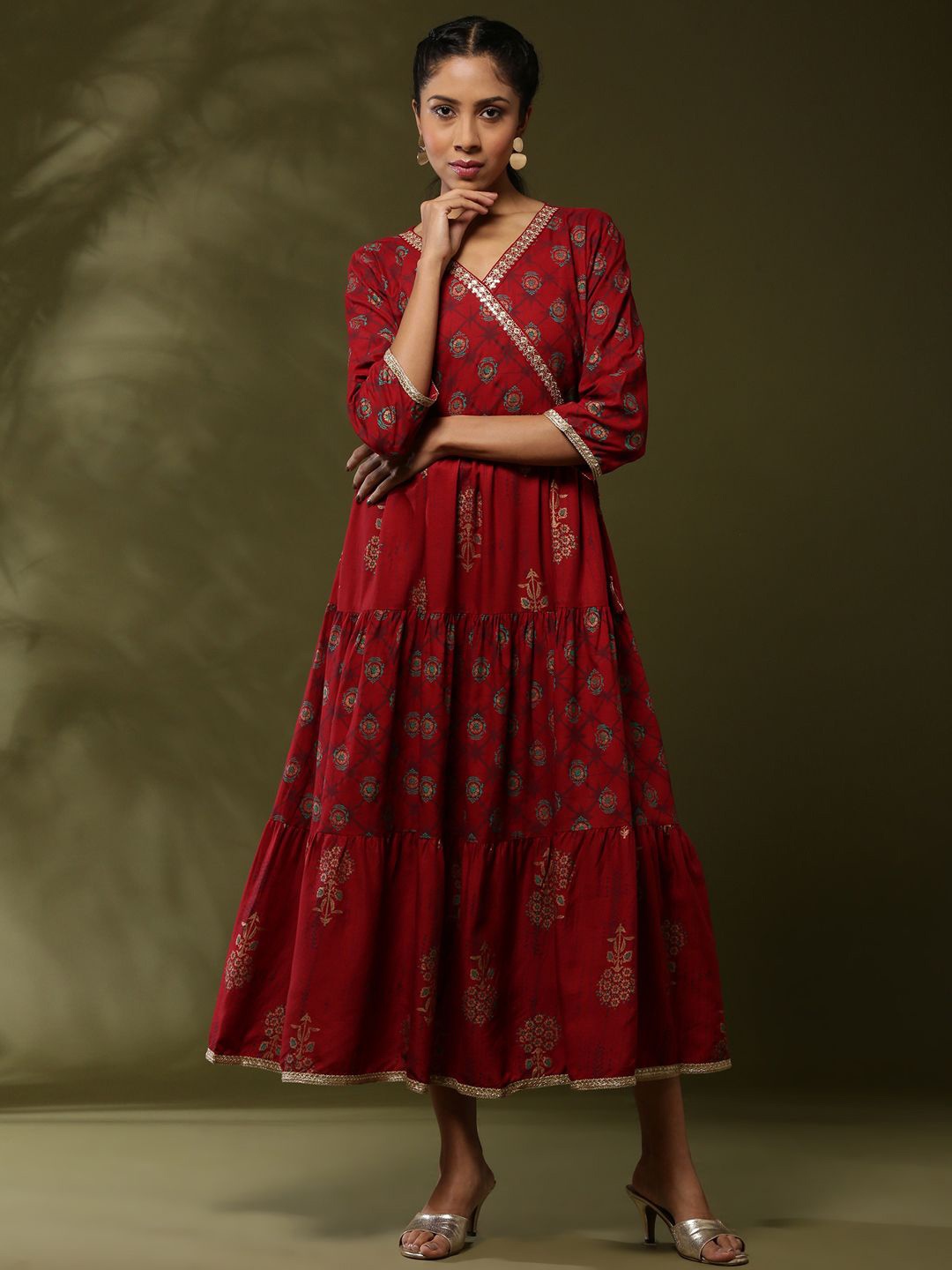 

Abhishti Printed Angrakha Flare Dress With Sequin Neck Embroidery, Red