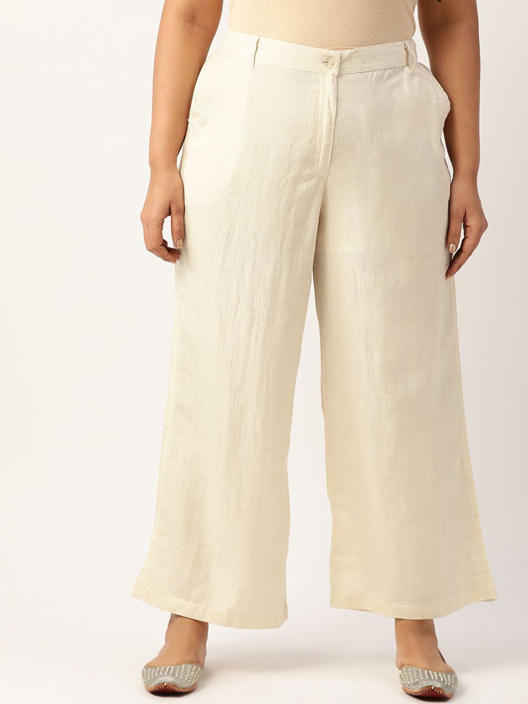 

theRebelinme Women Relaxed High-Rise Easy Wash Trousers Plus Size, Off white