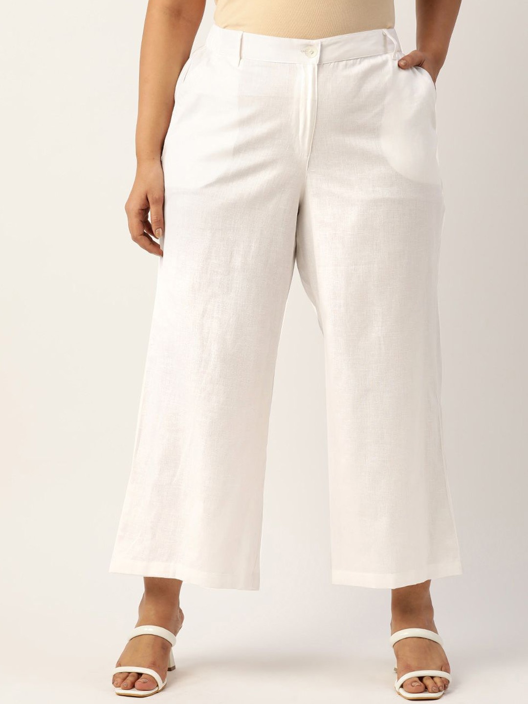 

theRebelinme Women Plus Size Relaxed Pure Linen High-Rise Trouser, White