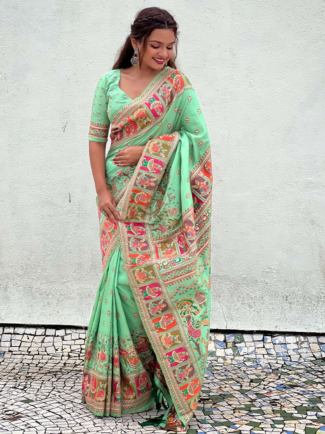 

YAVIRA SILK Ethnic Motifs Printed Pashmina Designer Banarasi Saree, Sea green
