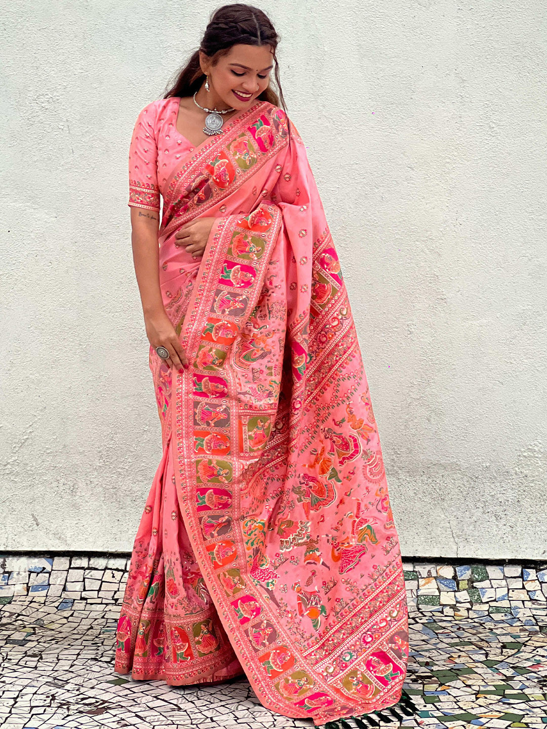 

YAVIRA SILK Women Pashmina Kashmiri Saree, Pink