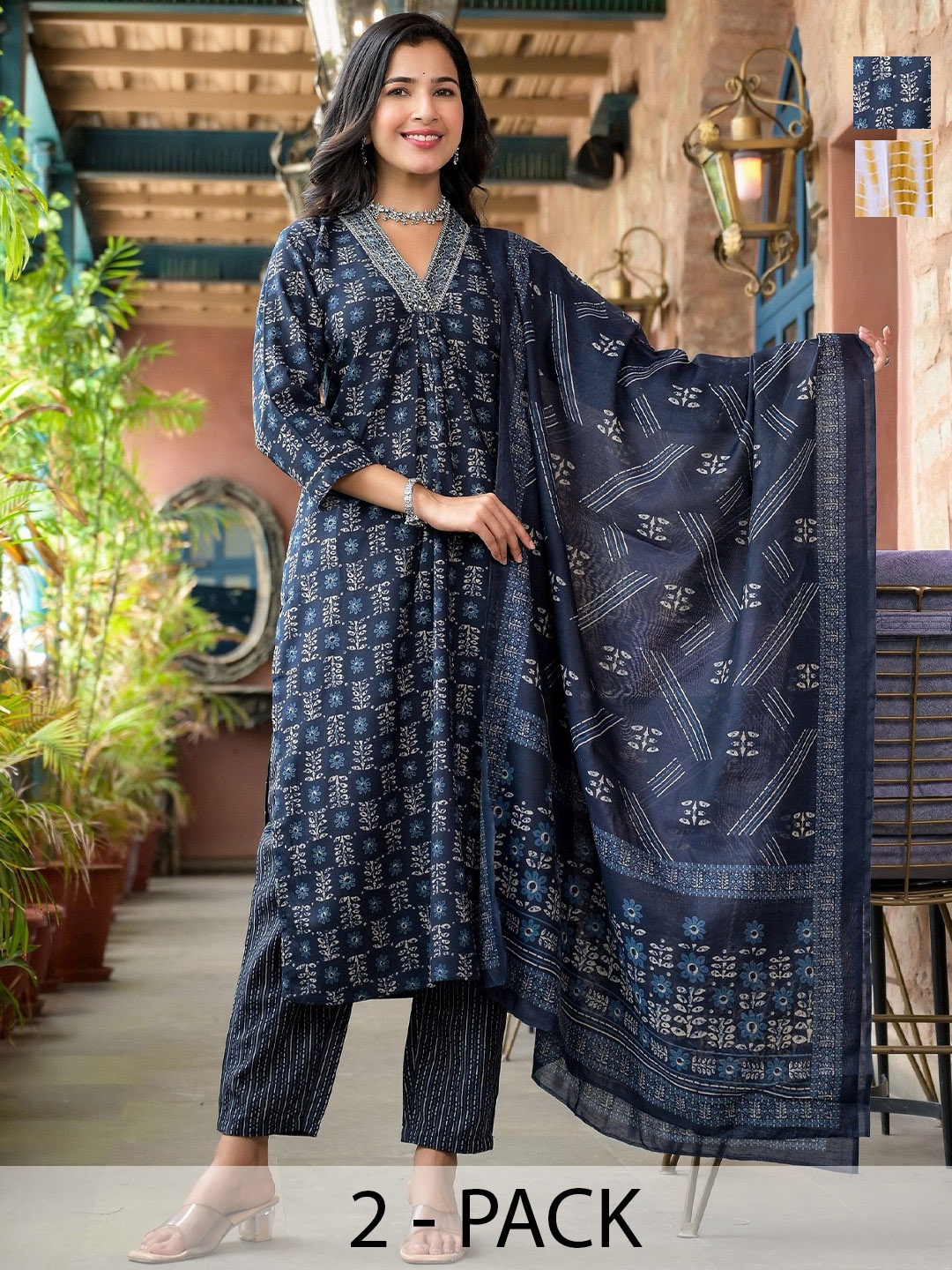 

KALINI Women Ethnic Motifs Printed Regular Kurta with Trousers & With Dupatta, Navy blue