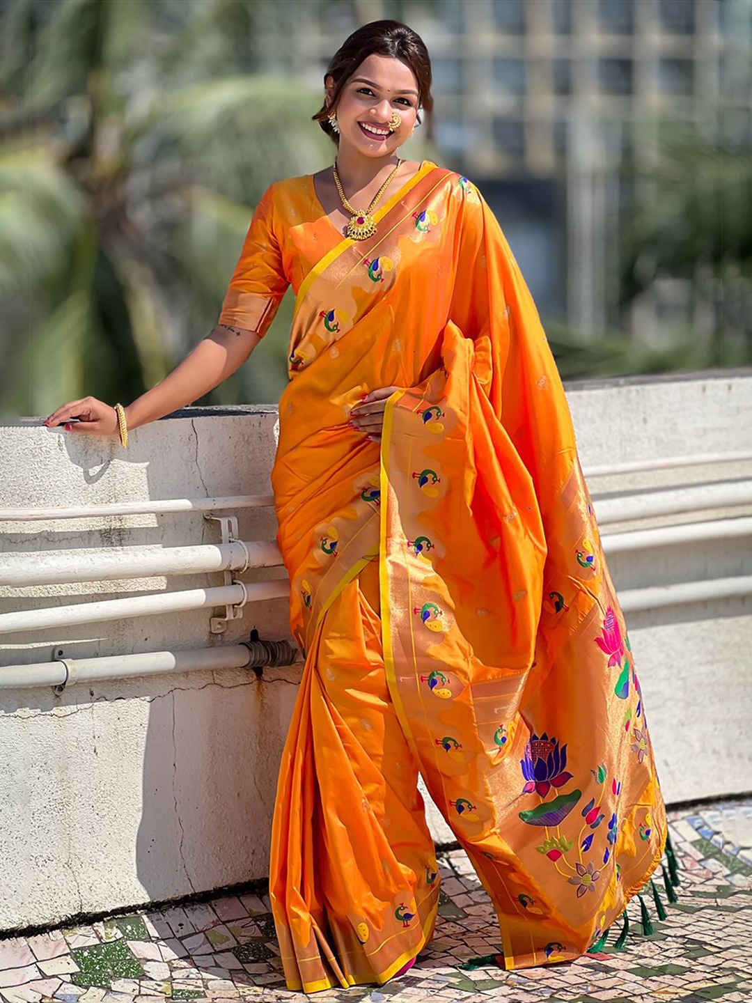 

YAVIRA SILK Ethnic Motifs Paithani Zari Saree, Orange