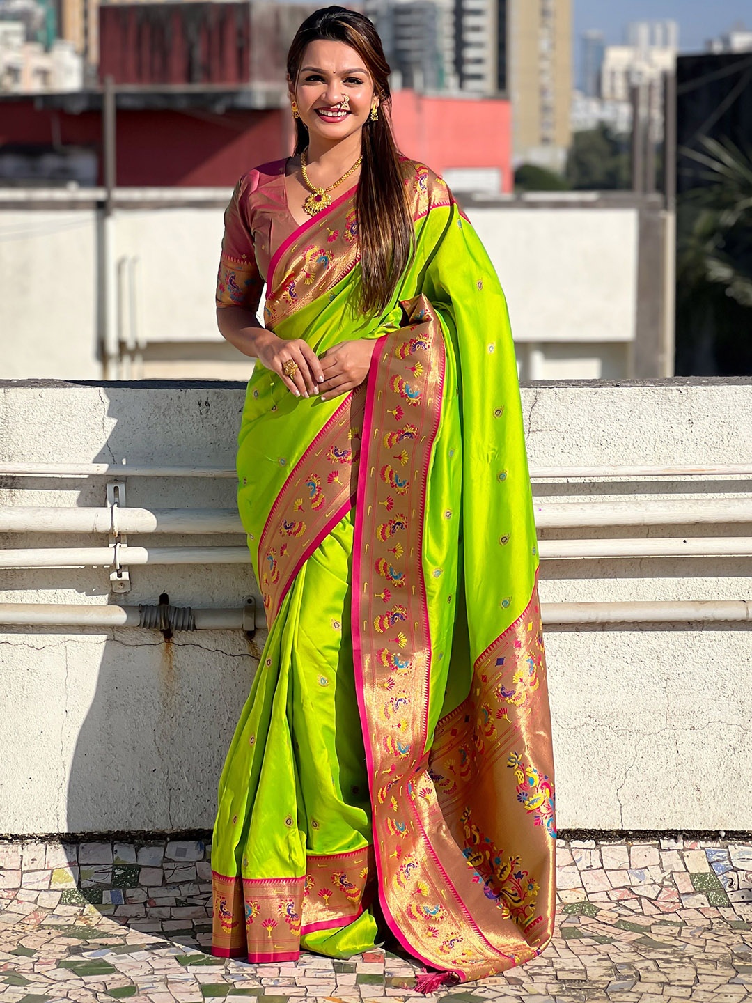 

YAVIRA SILK Zari Paithani Saree, Lime green