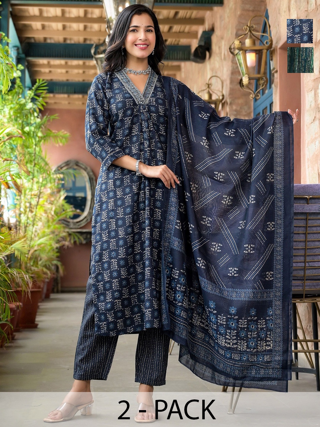

KALINI Women Ethnic Motifs Printed Regular Kurta with Trousers & With Dupatta, Navy blue