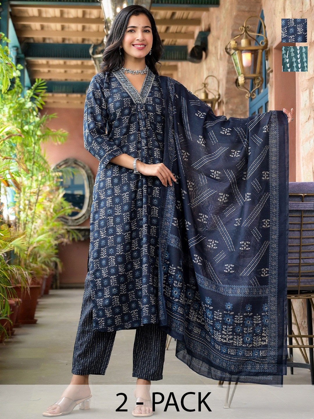 

KALINI Women Ethnic Motifs Printed Regular Kurta with Trousers & With Dupatta, Blue