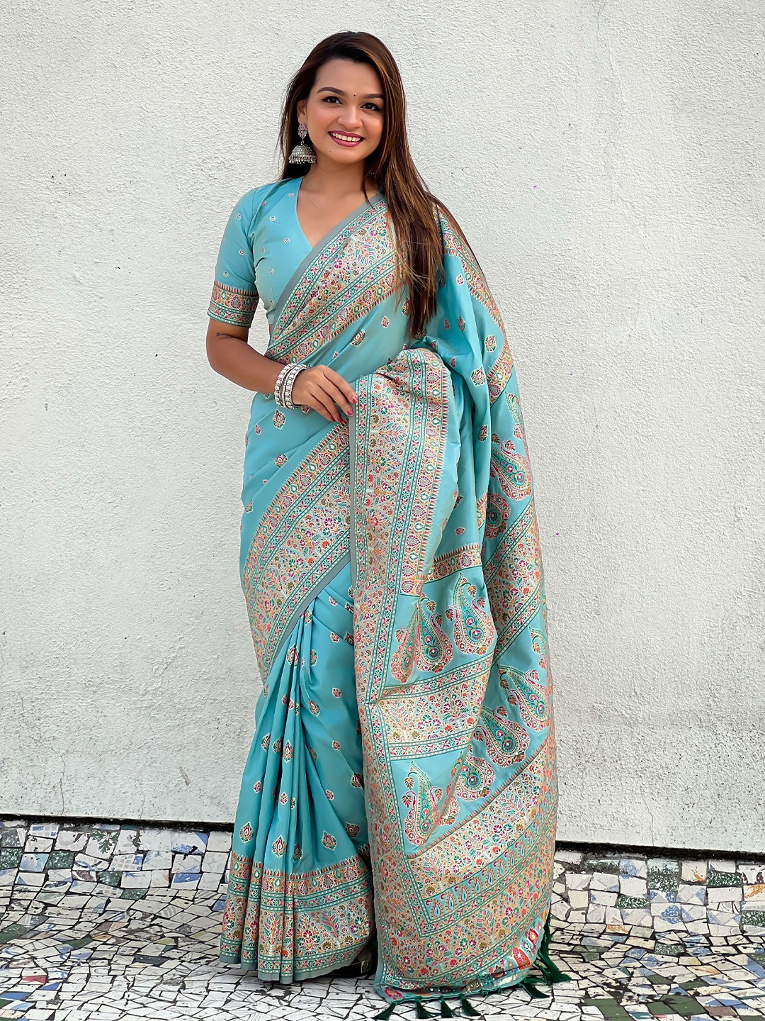 

YAVIRA SILK Paisley Pashmina Designer Banarasi Saree, Blue
