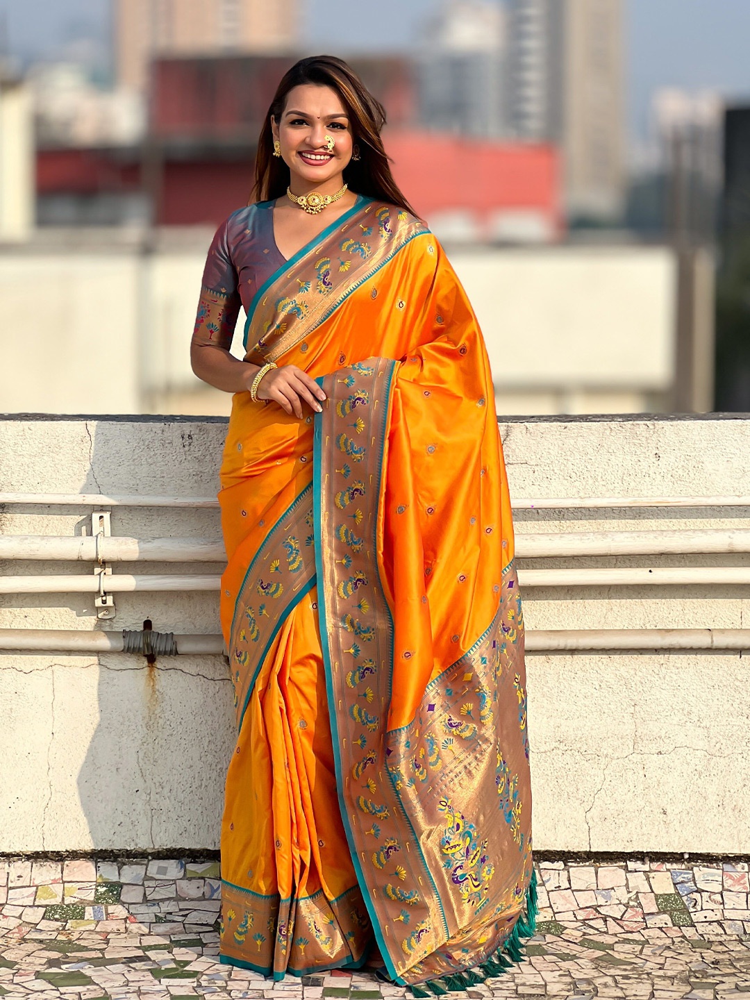 

YAVIRA SILK Ethnic Motifs Woven Design Zari Paithani Saree, Orange