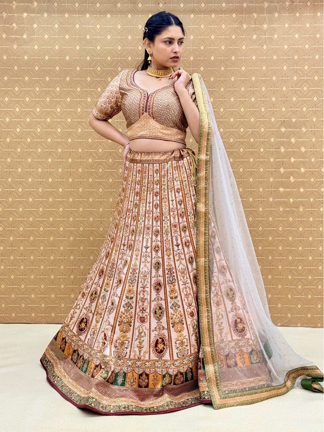 

KUNDAN FAB Embroidered Ready to Wear Lehenga & Blouse With Dupatta, Cream