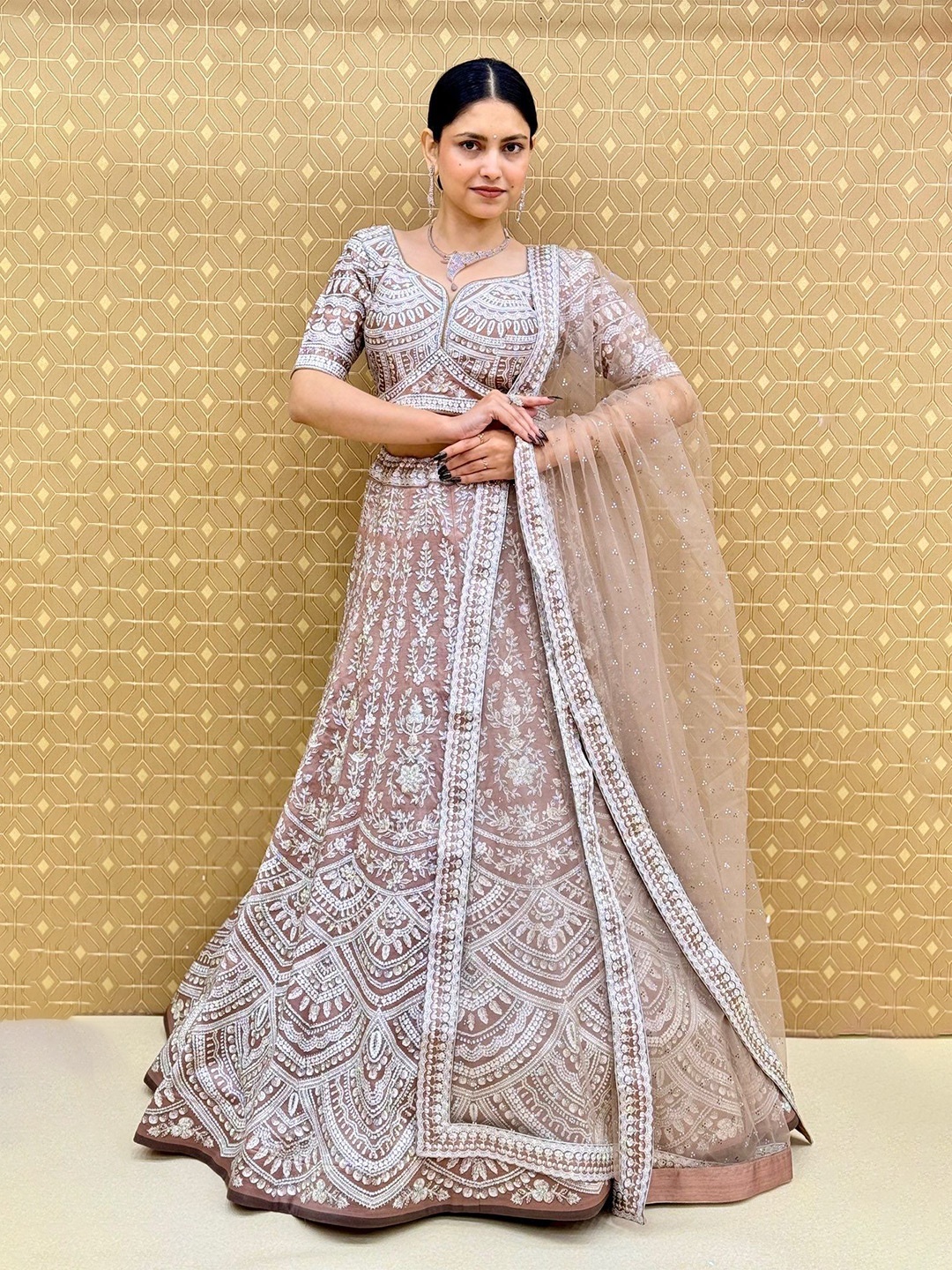 

KUNDAN FAB Embroidered Ready to Wear Lehenga & Blouse With Dupatta, Brown