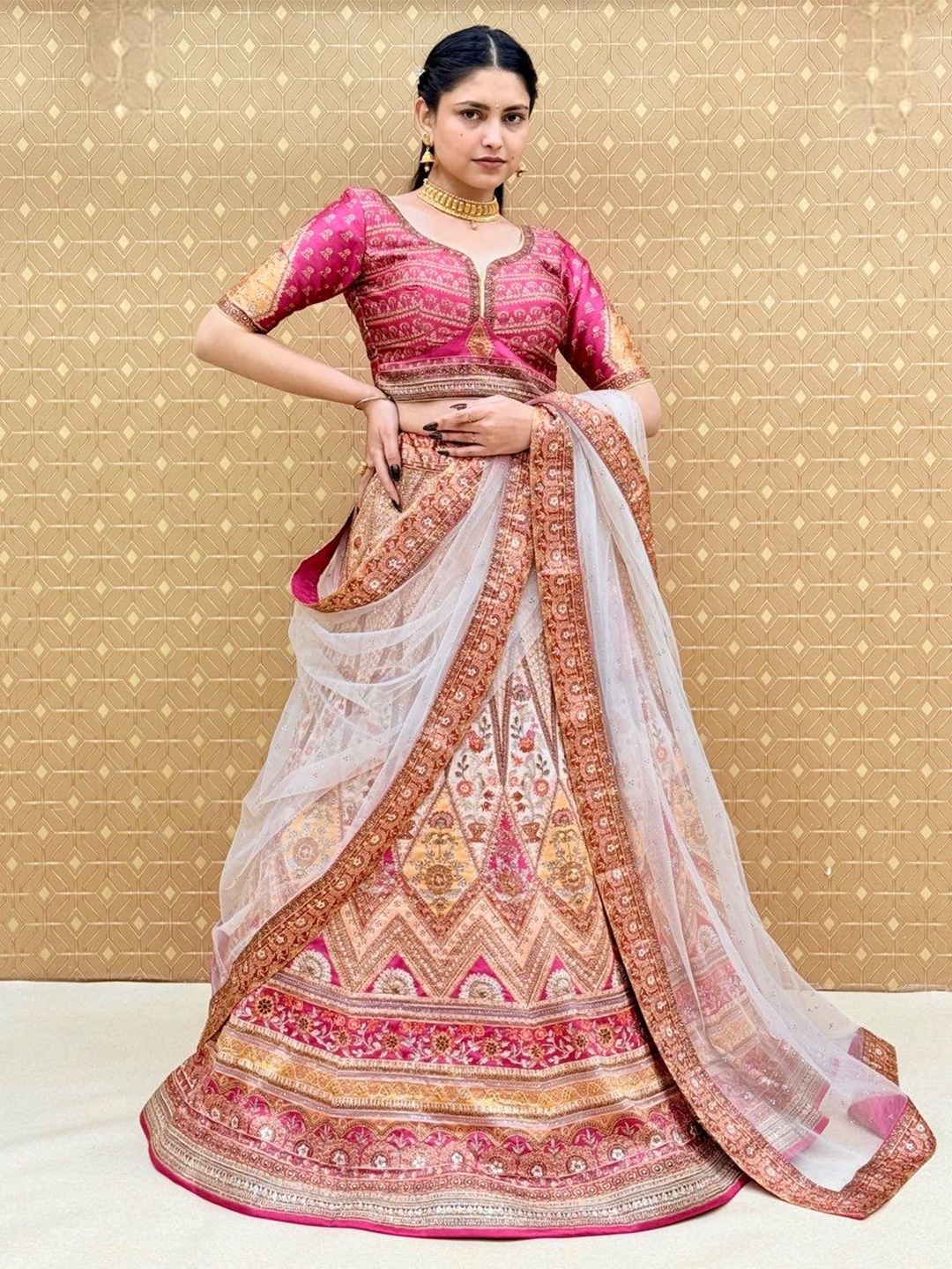 

KUNDAN FAB Embroidered Ready to Wear Lehenga & Blouse With Dupatta, Pink