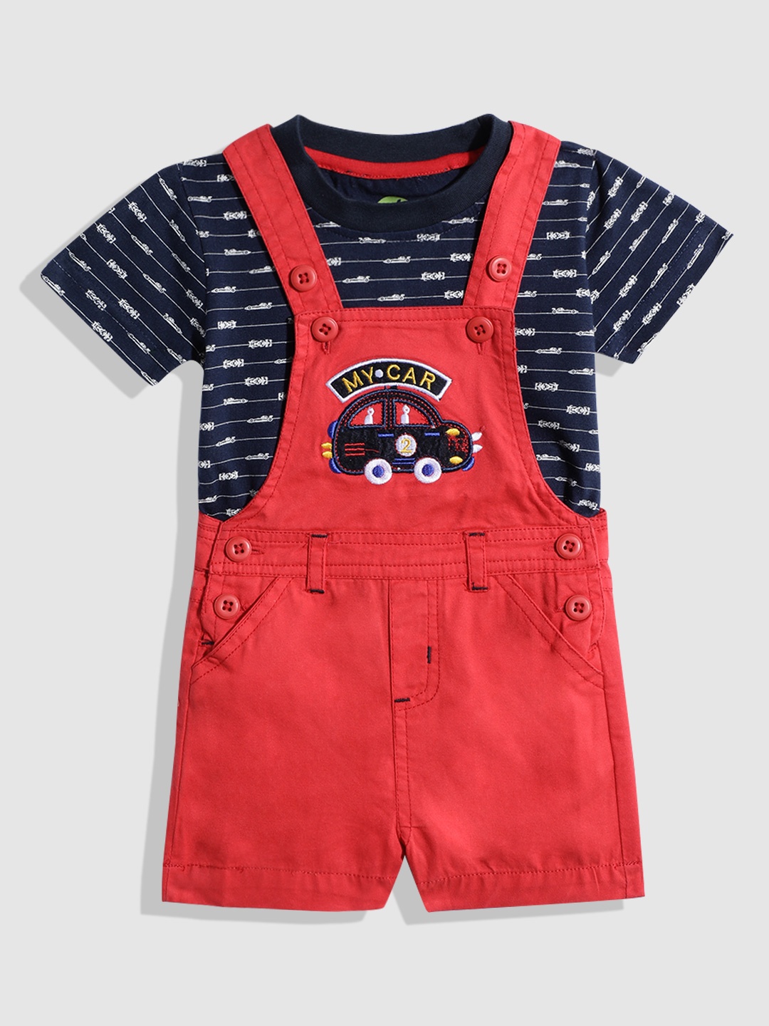 

YK Boys Striped Pure Cotton T-shirt with Dungarees Clothing Set, Red