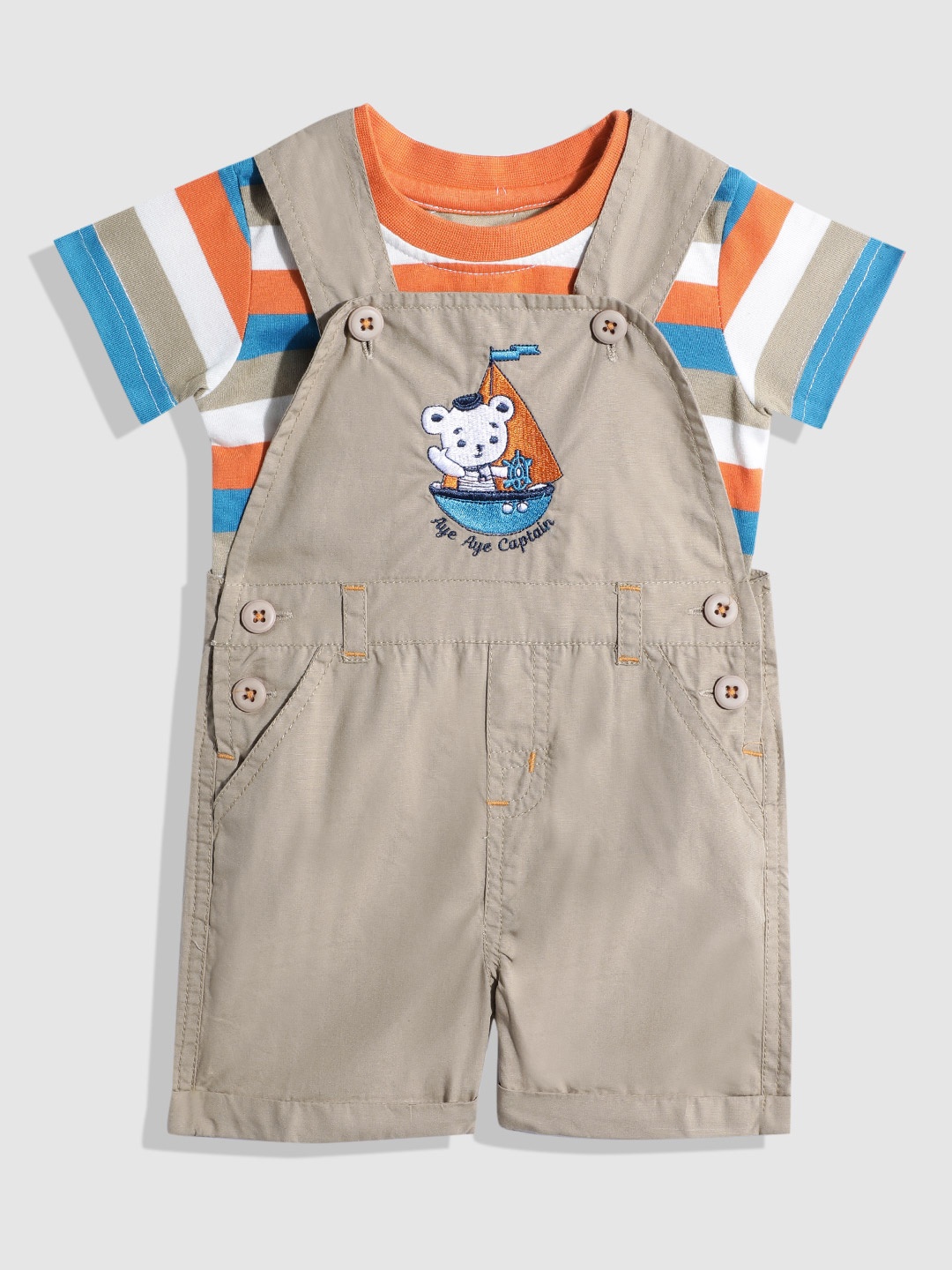 

YK Boys Striped Pure Cotton T-shirt with Dungarees Clothing Set, Khaki