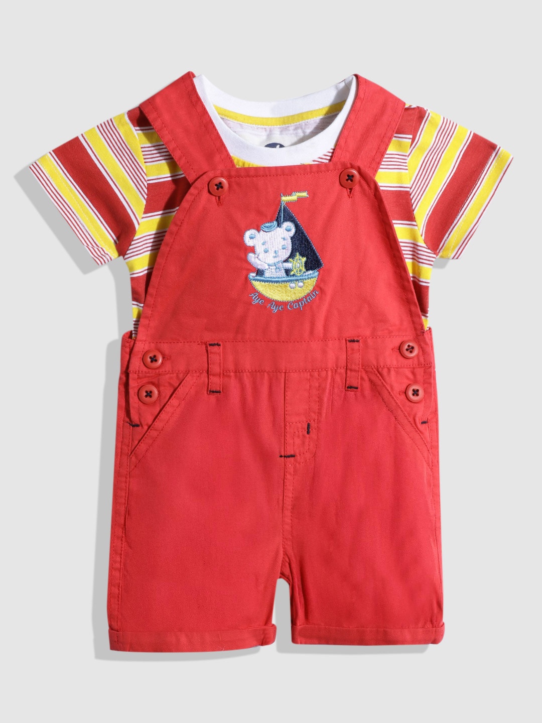 

YK Boys Striped Pure Cotton T-shirt with Dungarees Clothing Set, Red