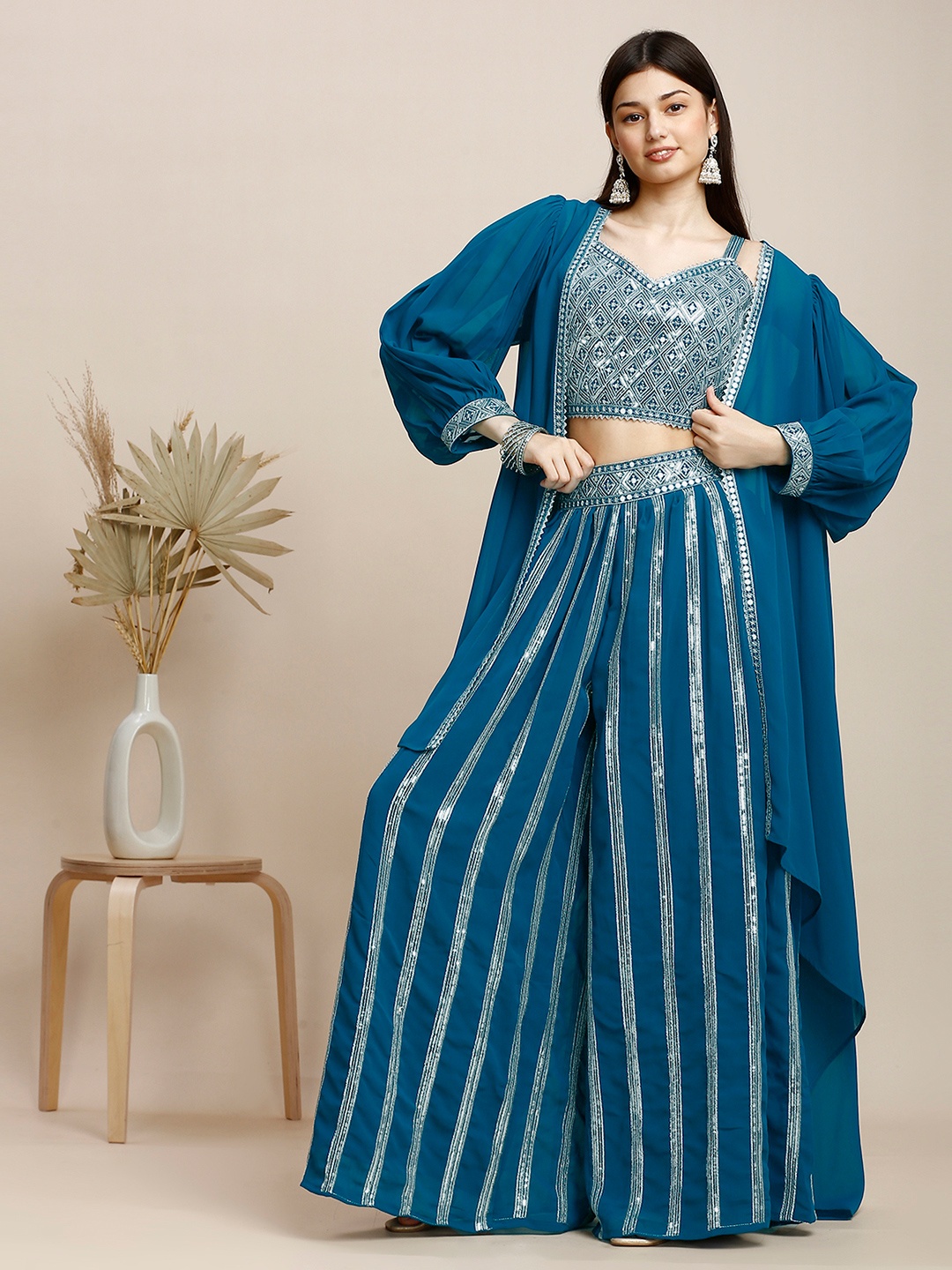 

MADHURAM Embroidered V- Neck Crop Top & Shrug With Palazzos Co-Ords, Teal