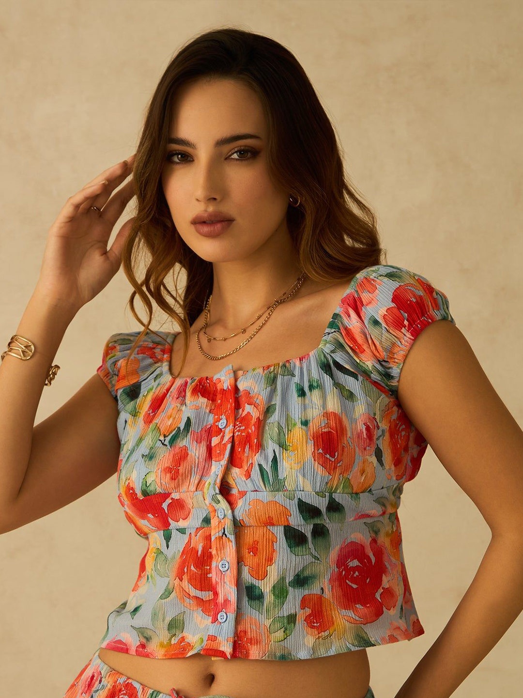 

Virgio Women Cotton Square Neck Crop Length Floral Puff Sleeves Top, Blue