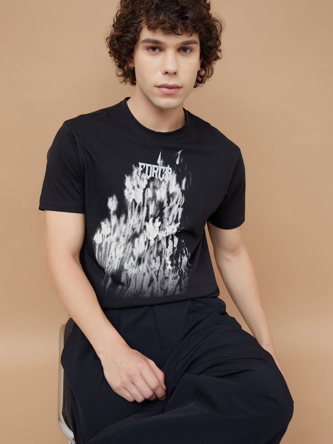 Forca Men Typography Printed Round Neck Cotton T-shirt, Black
