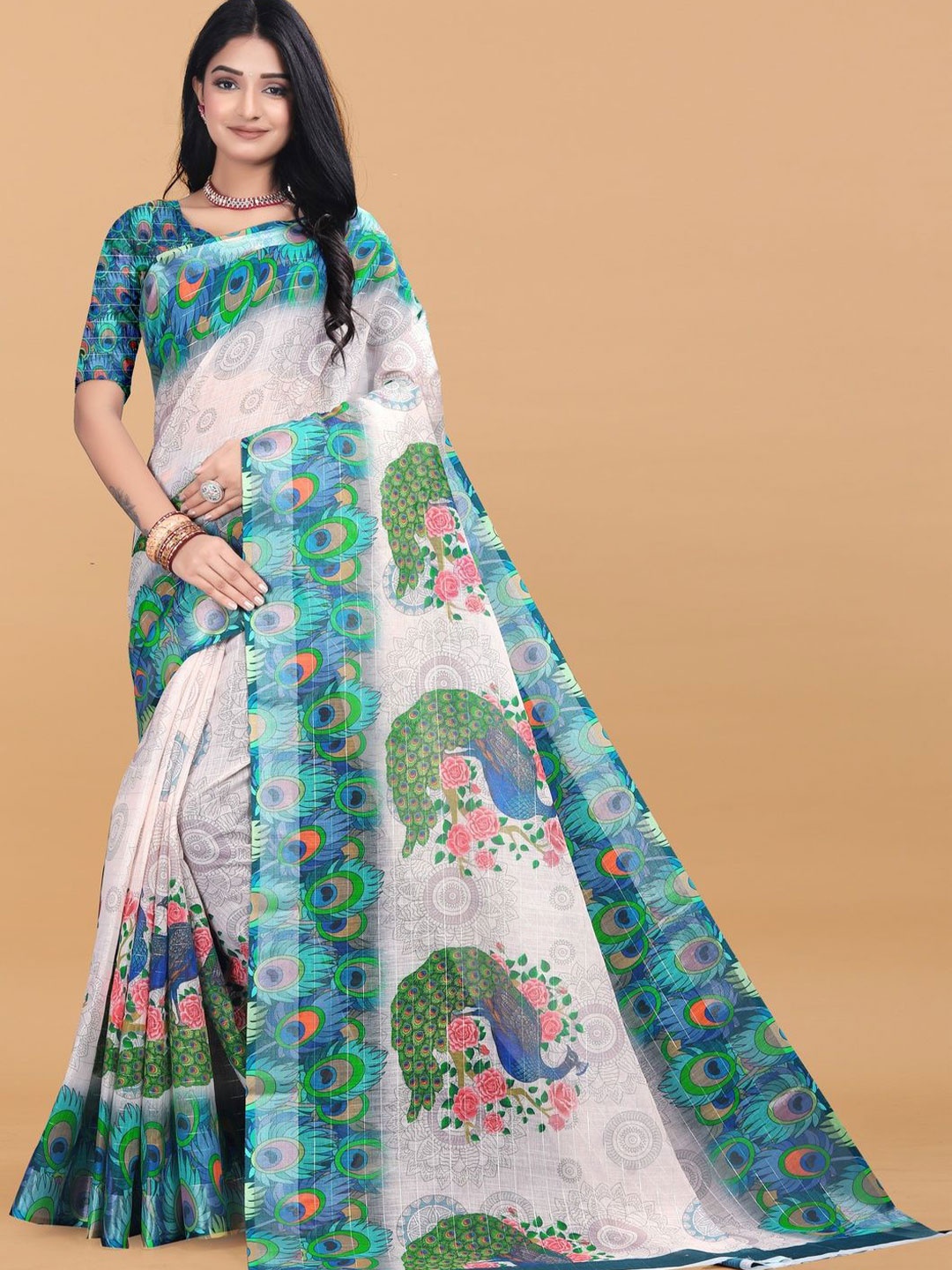 

ARPITA FASHION Ethnic Motifs Printed Saree, Teal