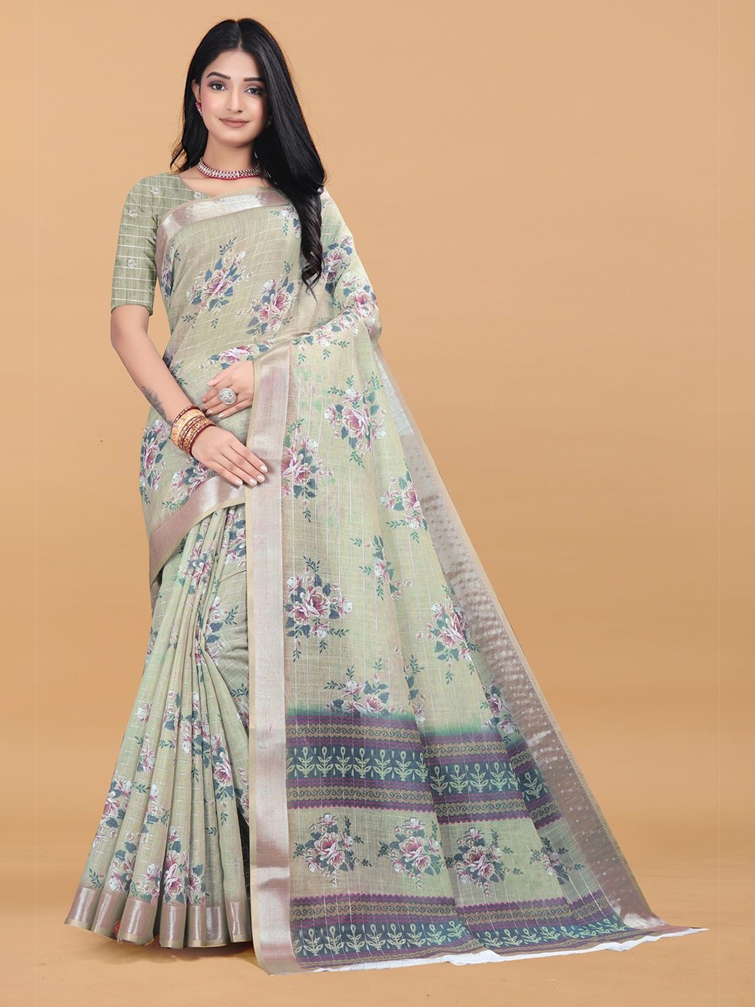 

ARPITA FASHION Floral Printed Ikat Saree, Green
