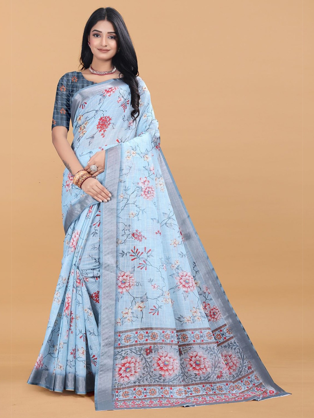 

ARPITA FASHION Floral Printed Zari Maheshwari Saree, Blue