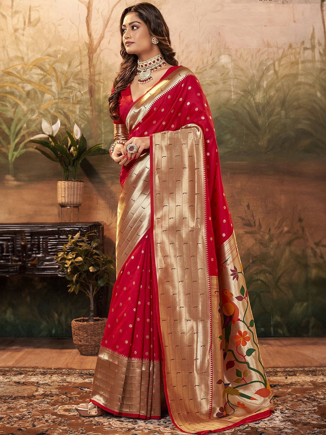 

MAHALASA Woven Design Zari Pure Silk Paithani Saree, Red