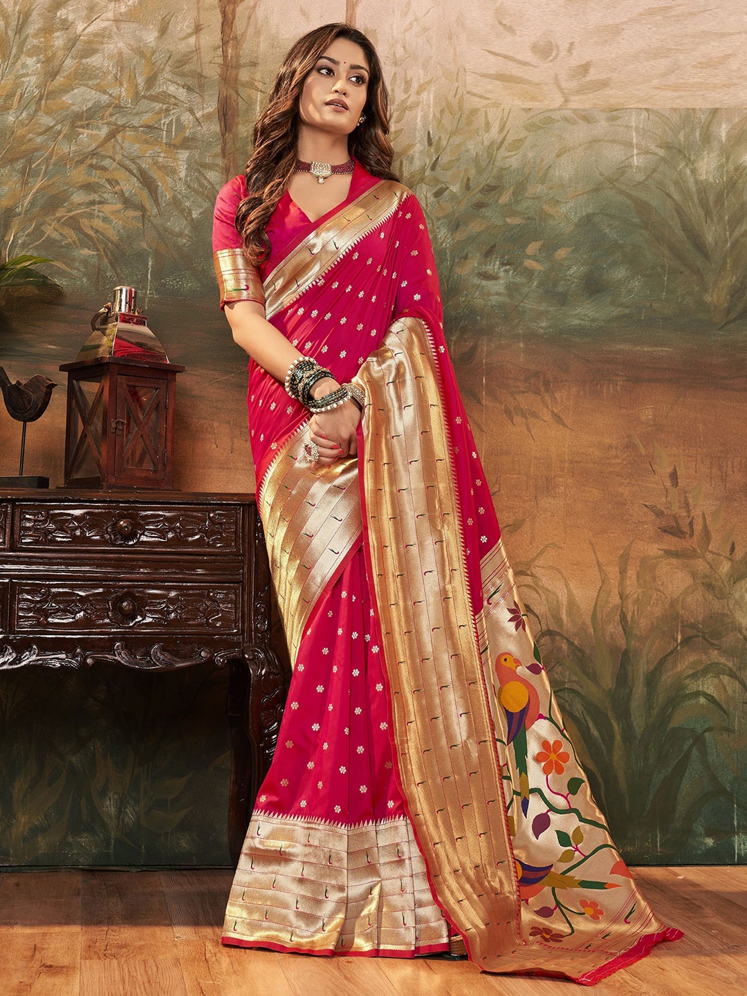 

MAHALASA Ethnic Motifs Zari Pure Silk Paithani Saree, Red