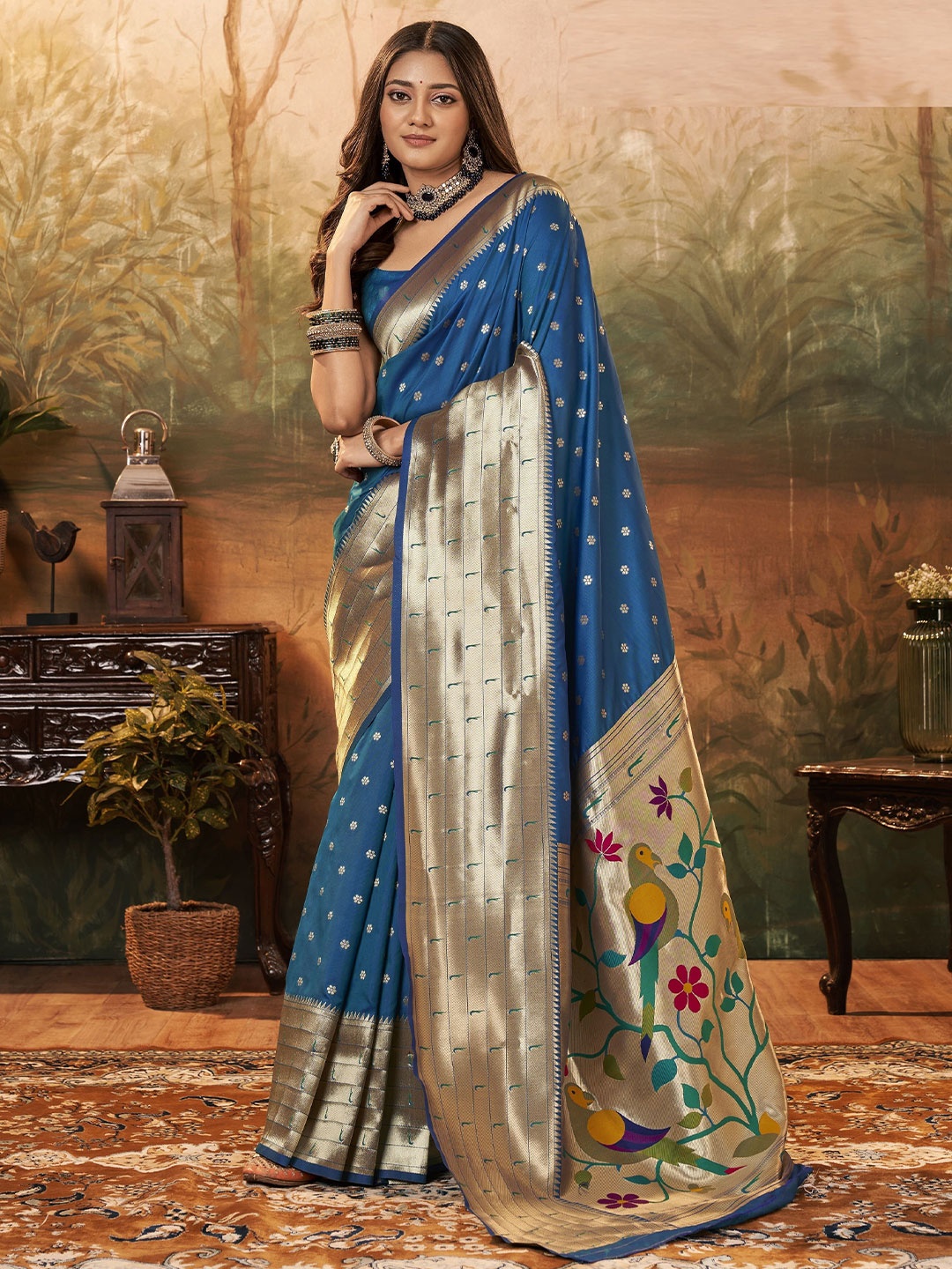 

MAHALASA Ethnic Motifs Zari Pure Silk Paithani Saree, Teal