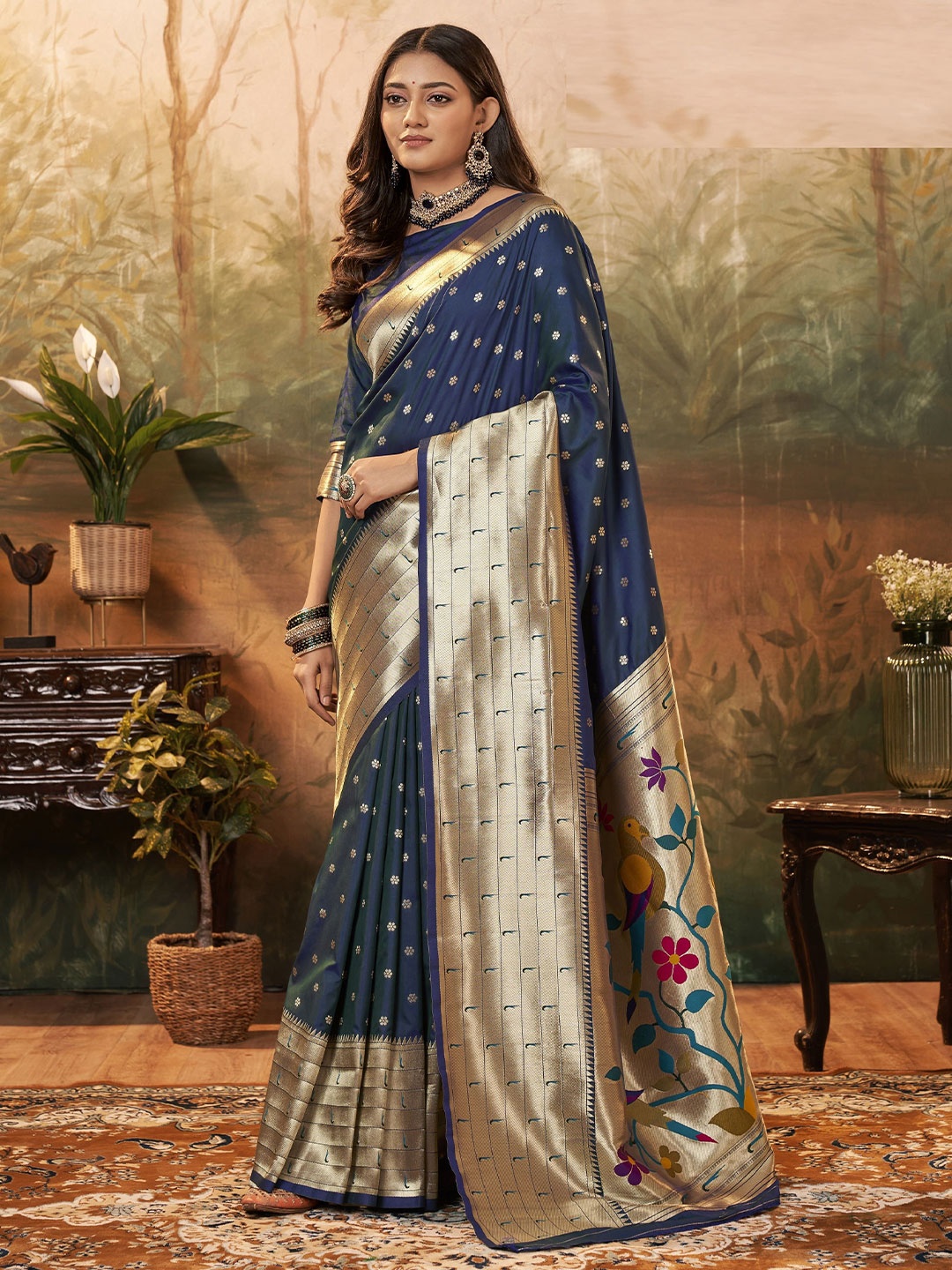 

MAHALASA Ethnic Motifs Woven Design Pure Silk Zari Paithani Saree, Navy blue