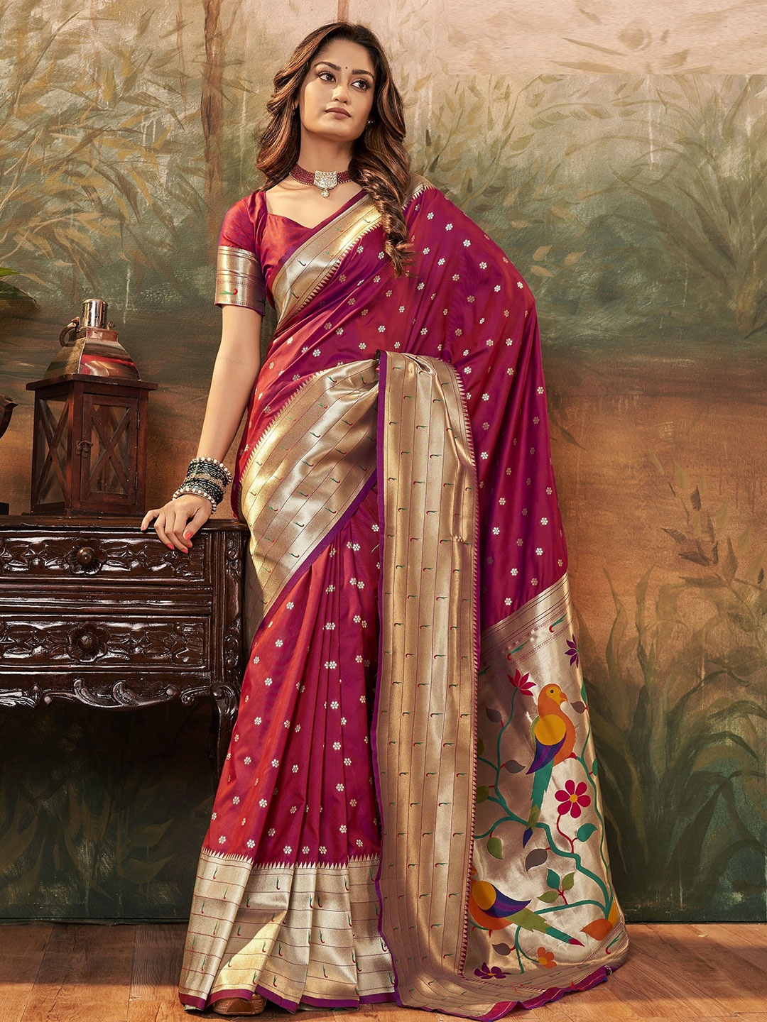 

MAHALASA Ethnic Motifs Zari Pure Silk Paithani Saree, Maroon