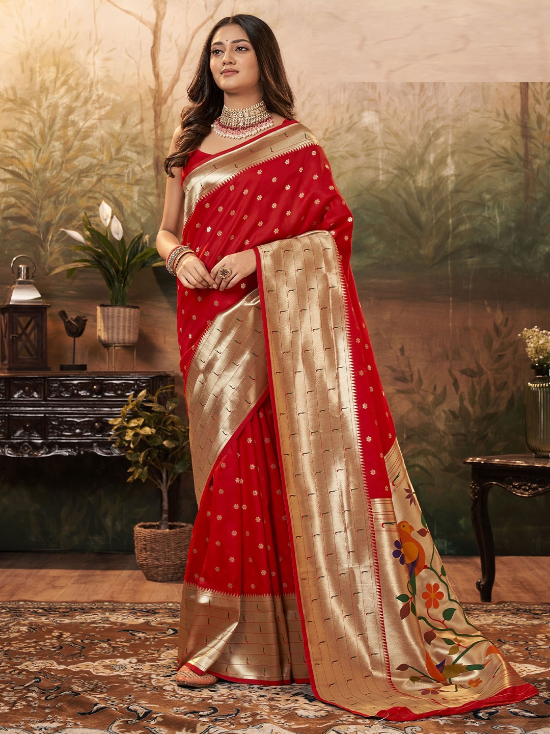 

MAHALASA Woven Design Ethnic Motifs Zari Pure Silk Paithani Saree, Red