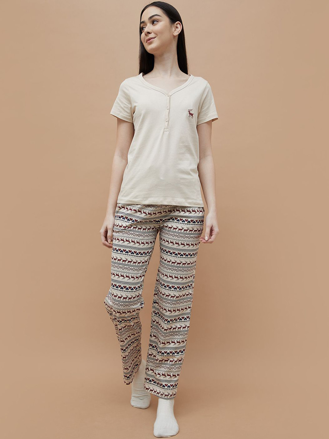 

Ginger by Lifestyle Women Pure Cotton Top & Pyjamas Night suit, Beige