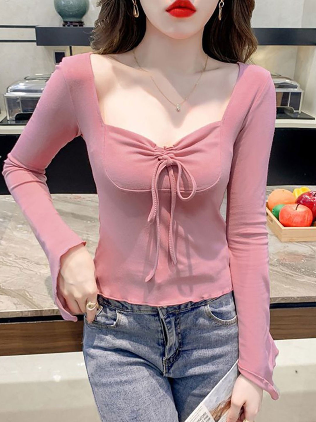 

StyleCast x Revolte Sweetheart Neck Extended Sleeves Crepe Top, Pink