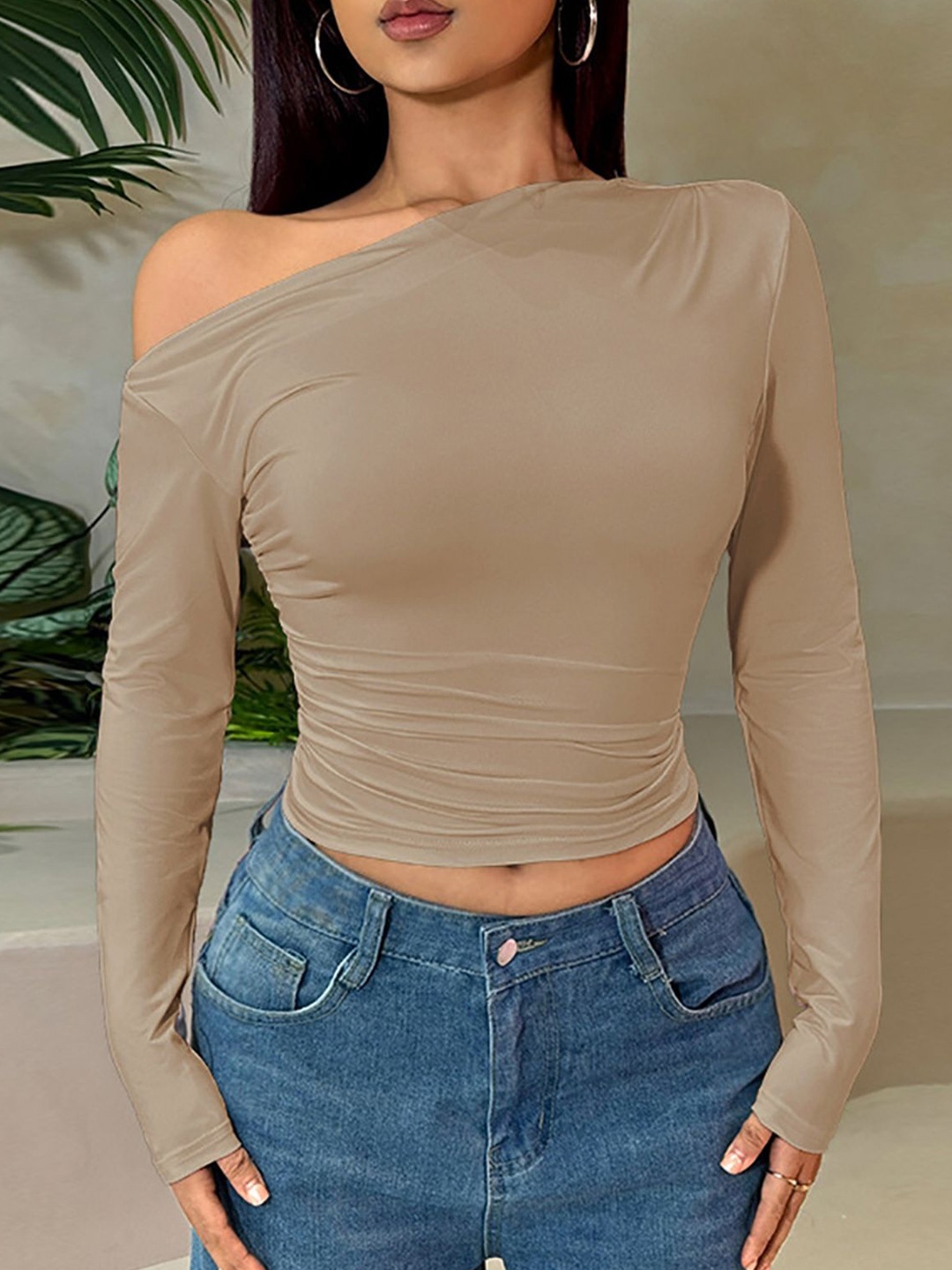

StyleCast x Revolte Women One Shoulder Extended Sleeves Top, Khaki