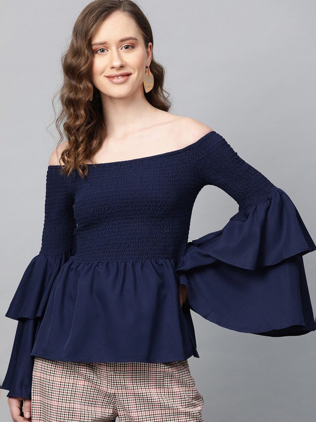 

Roadster Women Off-Shoulder Bell Sleeve Crepe Bardot Top, Blue