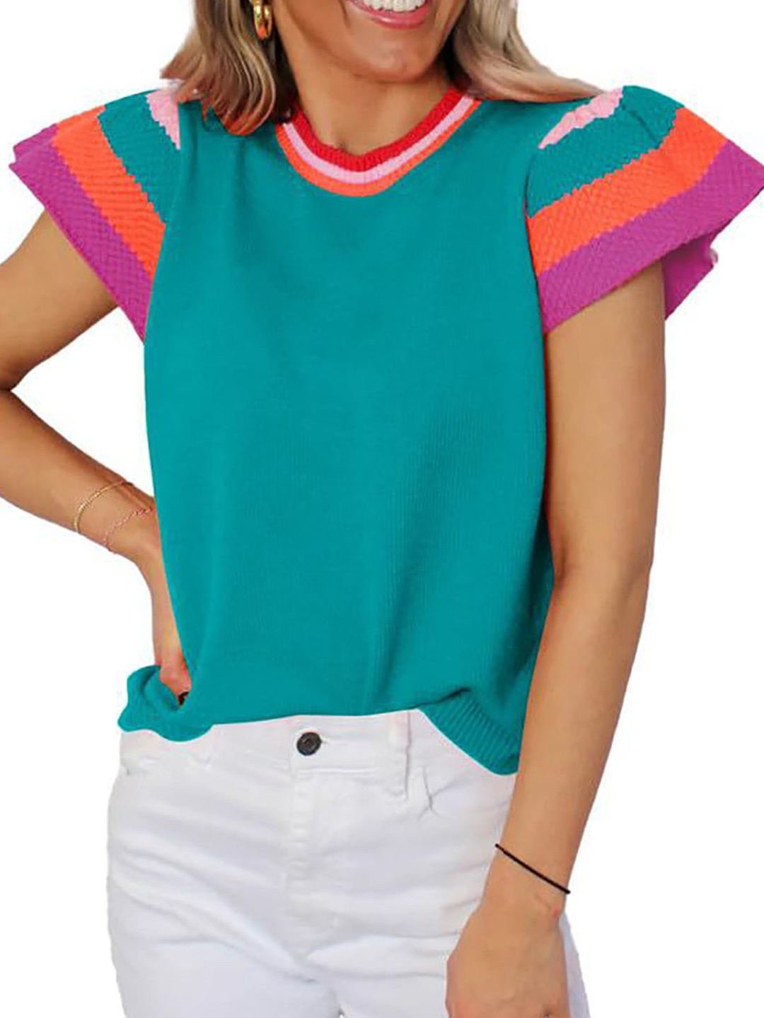 

StyleCast x Revolte CWomen olourblocked Flutter Sleeve Crepe Top, Blue