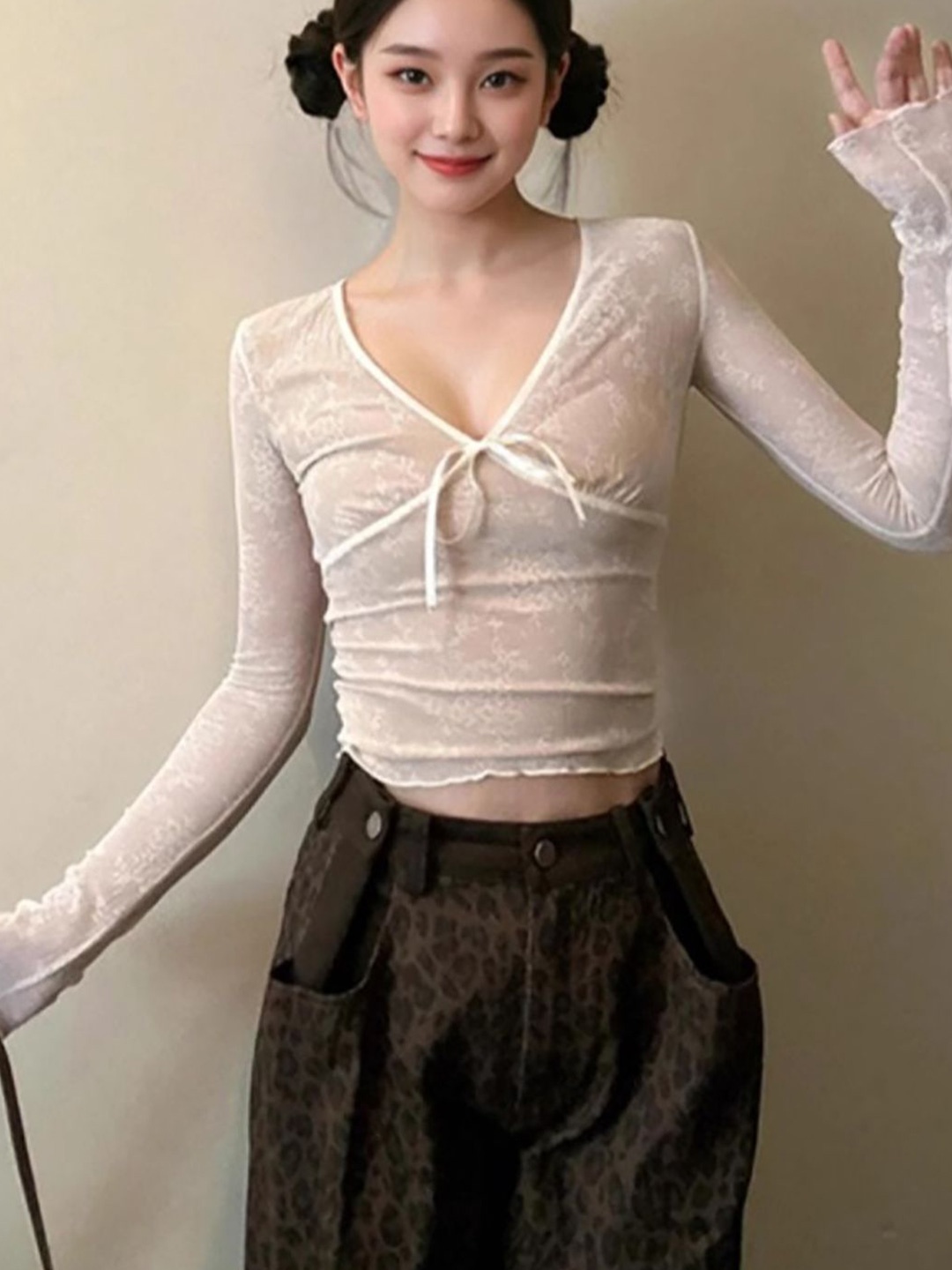 

StyleCast x Revolte Women Extended Sleeves Net Top, Off white