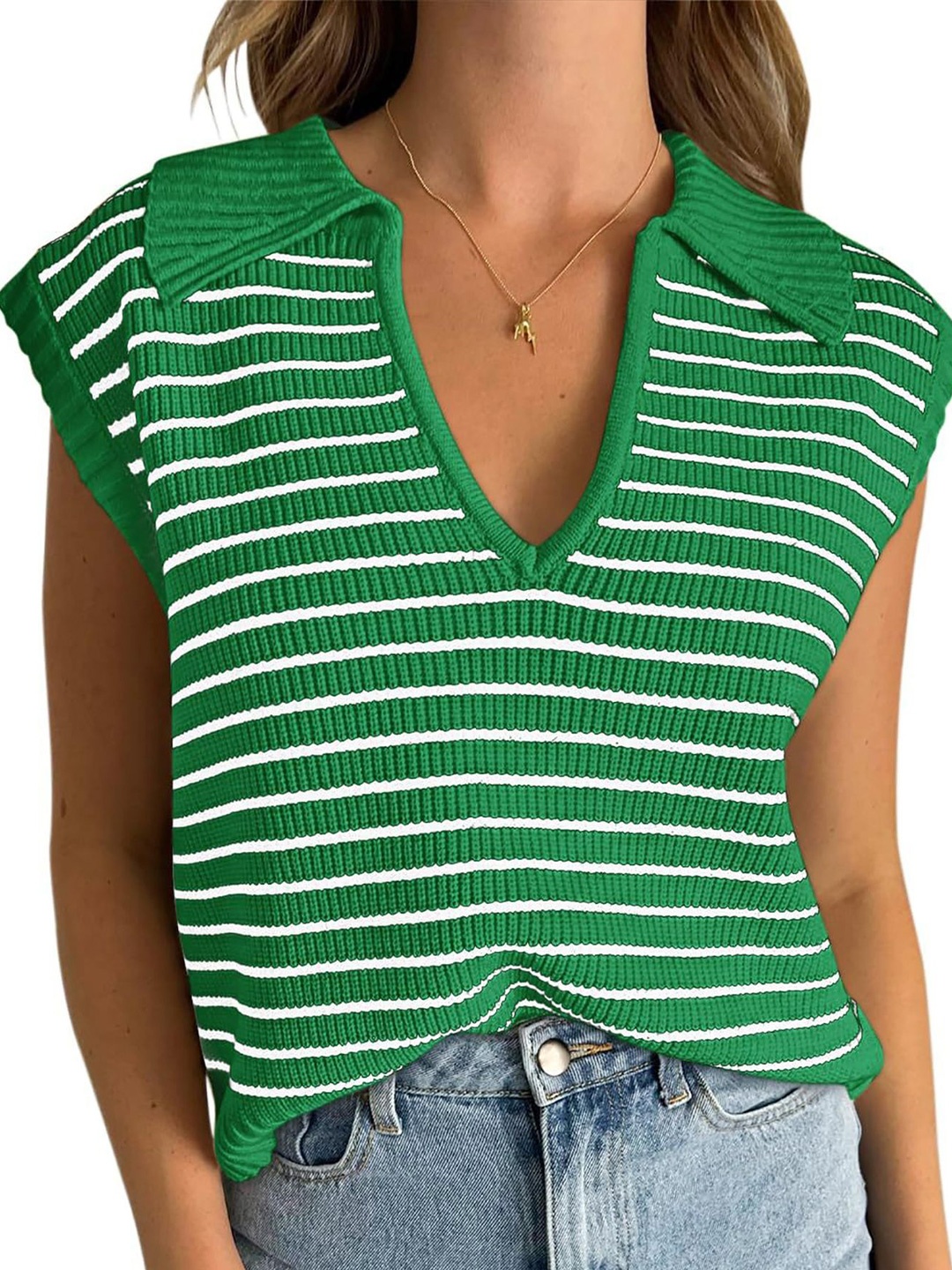 

StyleCast x Revolte Women Shirt Collar Striped Extended Sleeves Top, Green