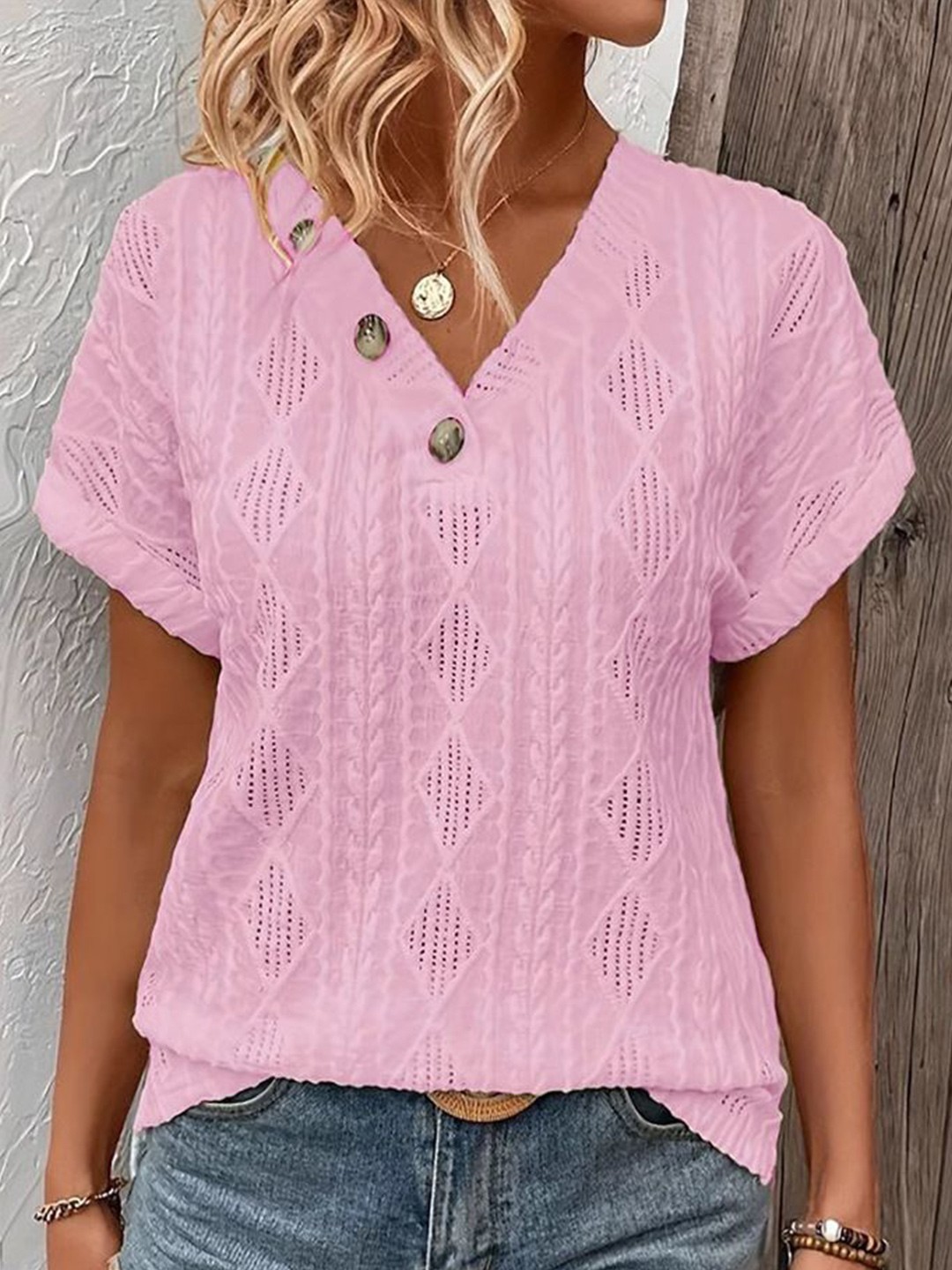 

StyleCast x Revolte Women V-Neck Self Design Top, Pink