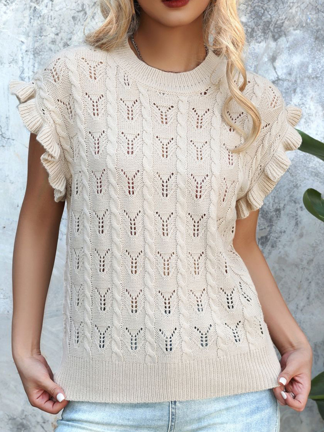 

StyleCast x Revolte Women Flutter Sleeve Knitted Top, Beige