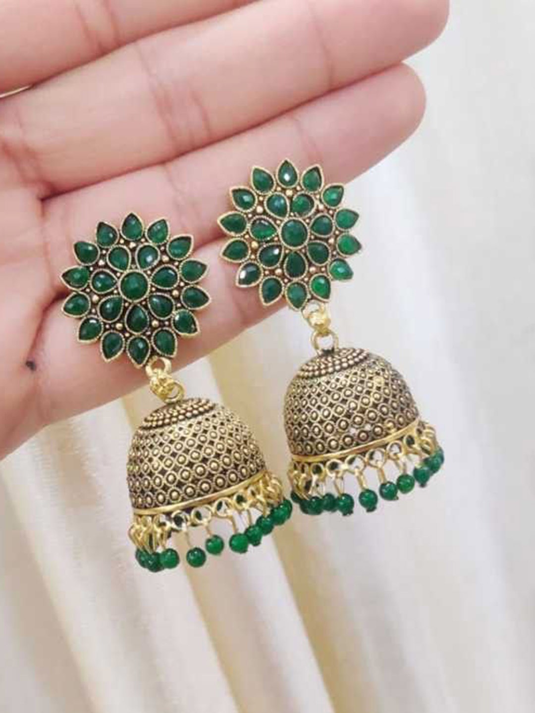 

JMBW INTERNATIONAL Contemporary Jhumkas Earrings, Green