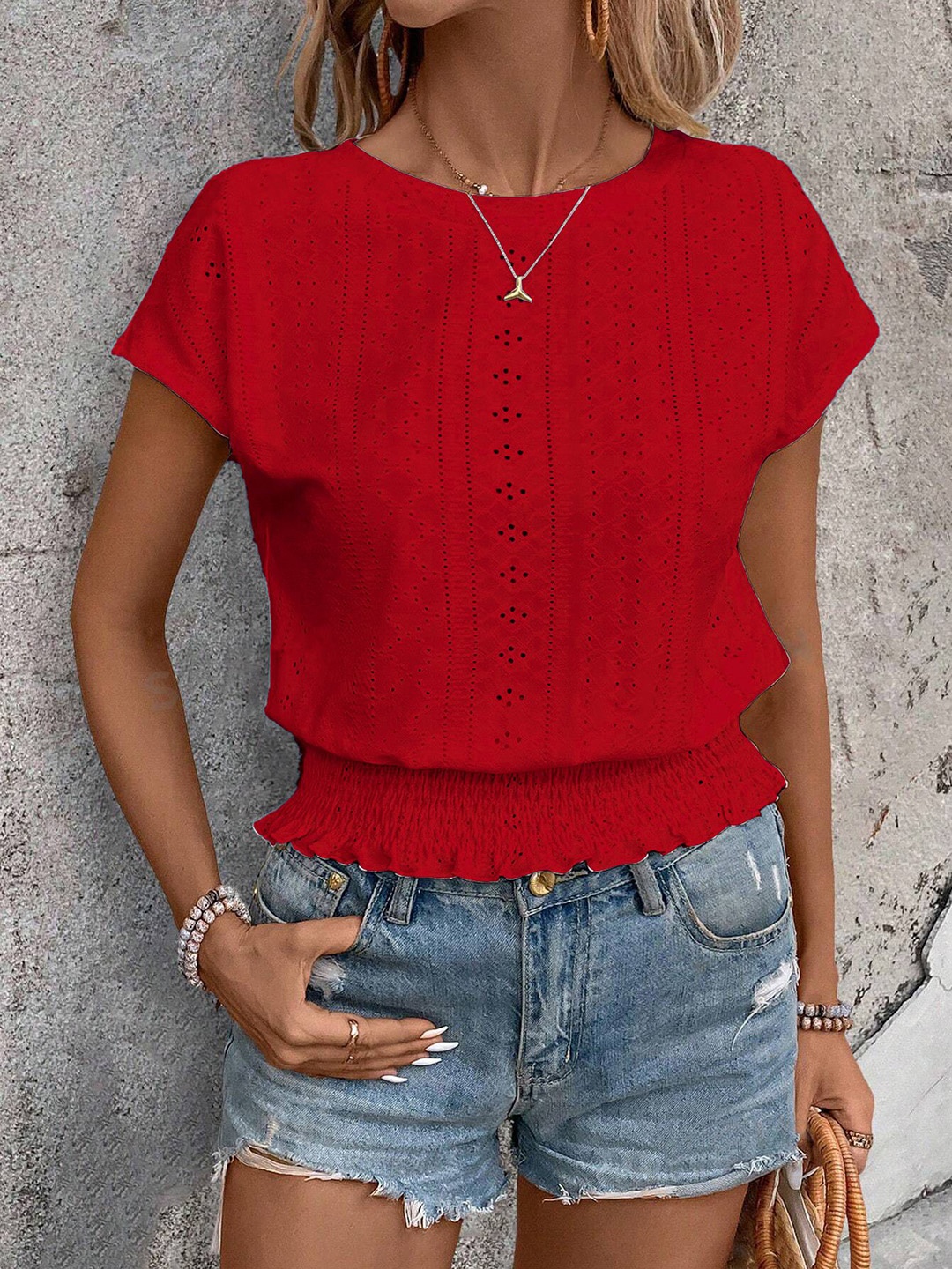 

StyleCast x Revolte Women Round Neck Flutter Sleeves Top, Red