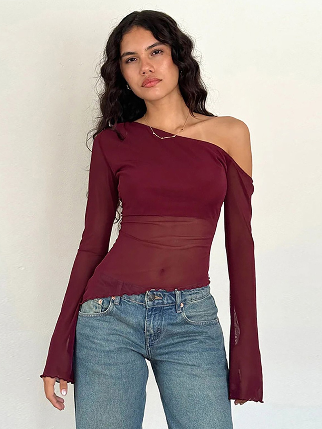 

StyleCast x Revolte Women One Shoulder Extended Sleeves Top, Maroon